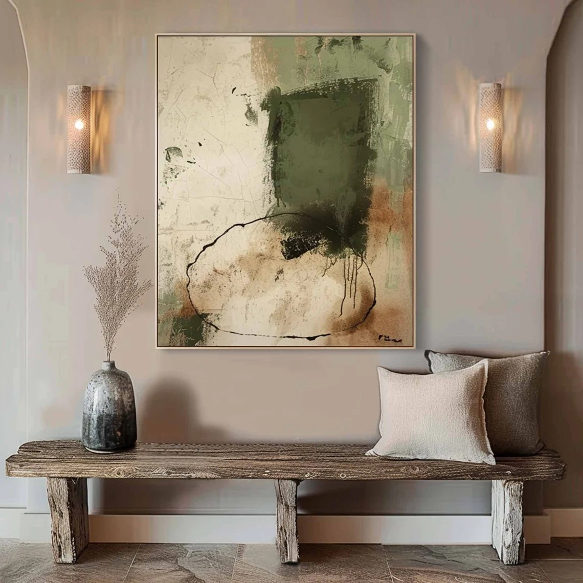 Green & Beige Wabi-Sabi Textured Painting, Contemporary Art #BGA 086