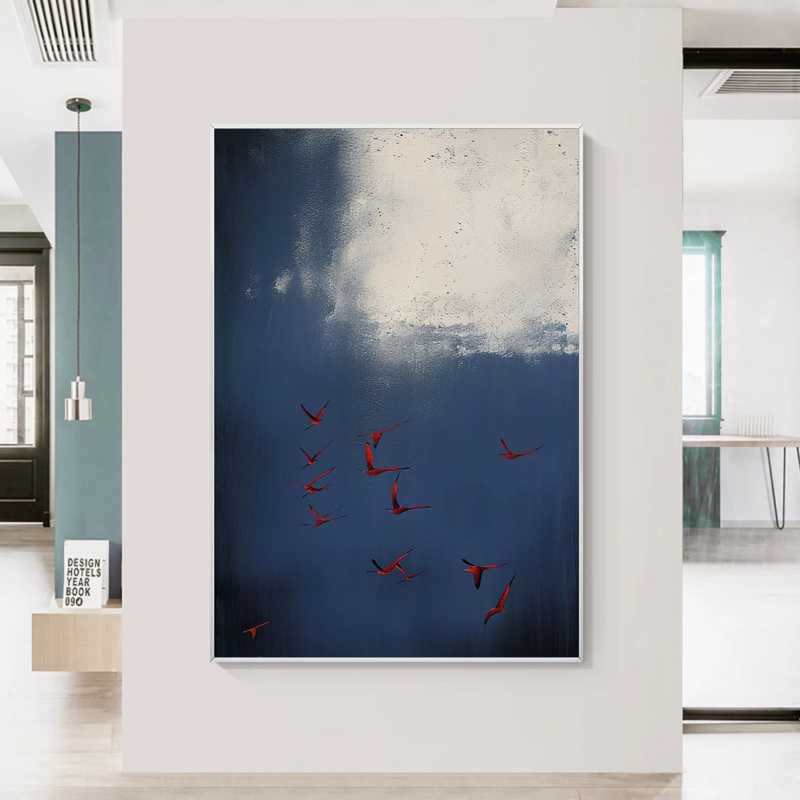 Surreal Blue Sky With Red Birds Canvas, Contemporary Wall Art #BGA 087