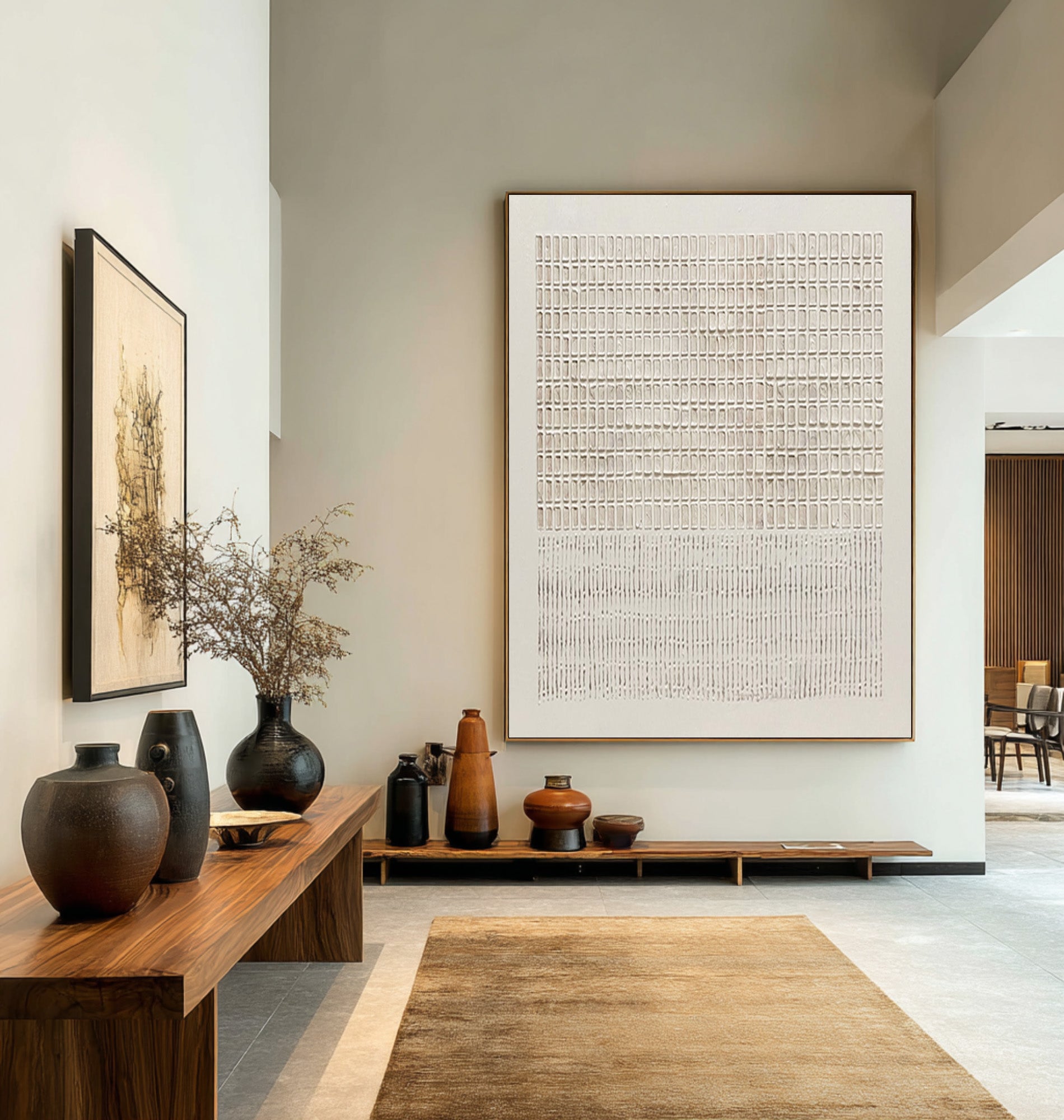 Large Abstract Oil Painting Beige Textured Grid Art, Minimal Modern Wall Art for Living Room | ArtvistaGallery #WAB 021