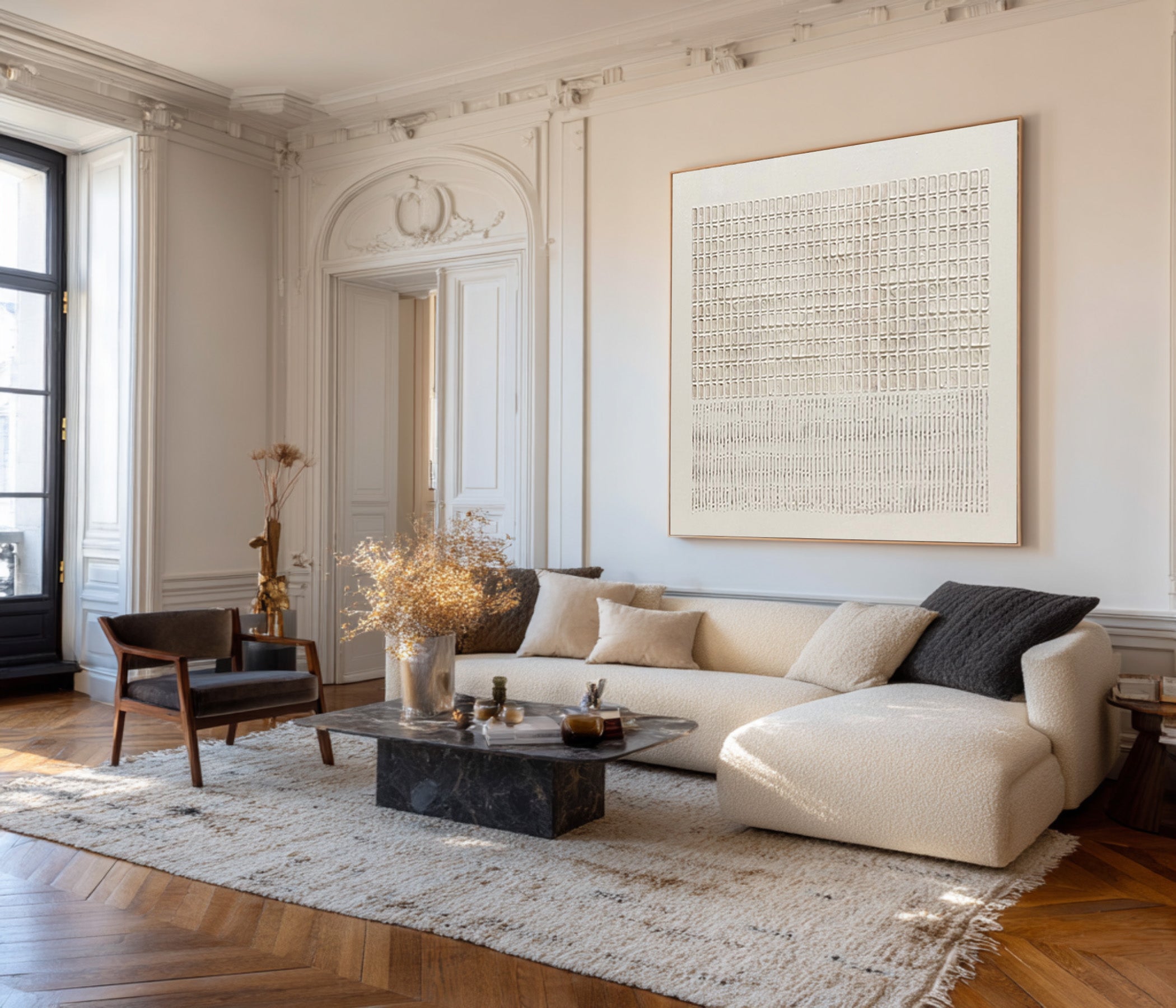 Large Contemporary Abstract Oil Painting, Beige Grid Textured Art for Modern Interior #WAB 018