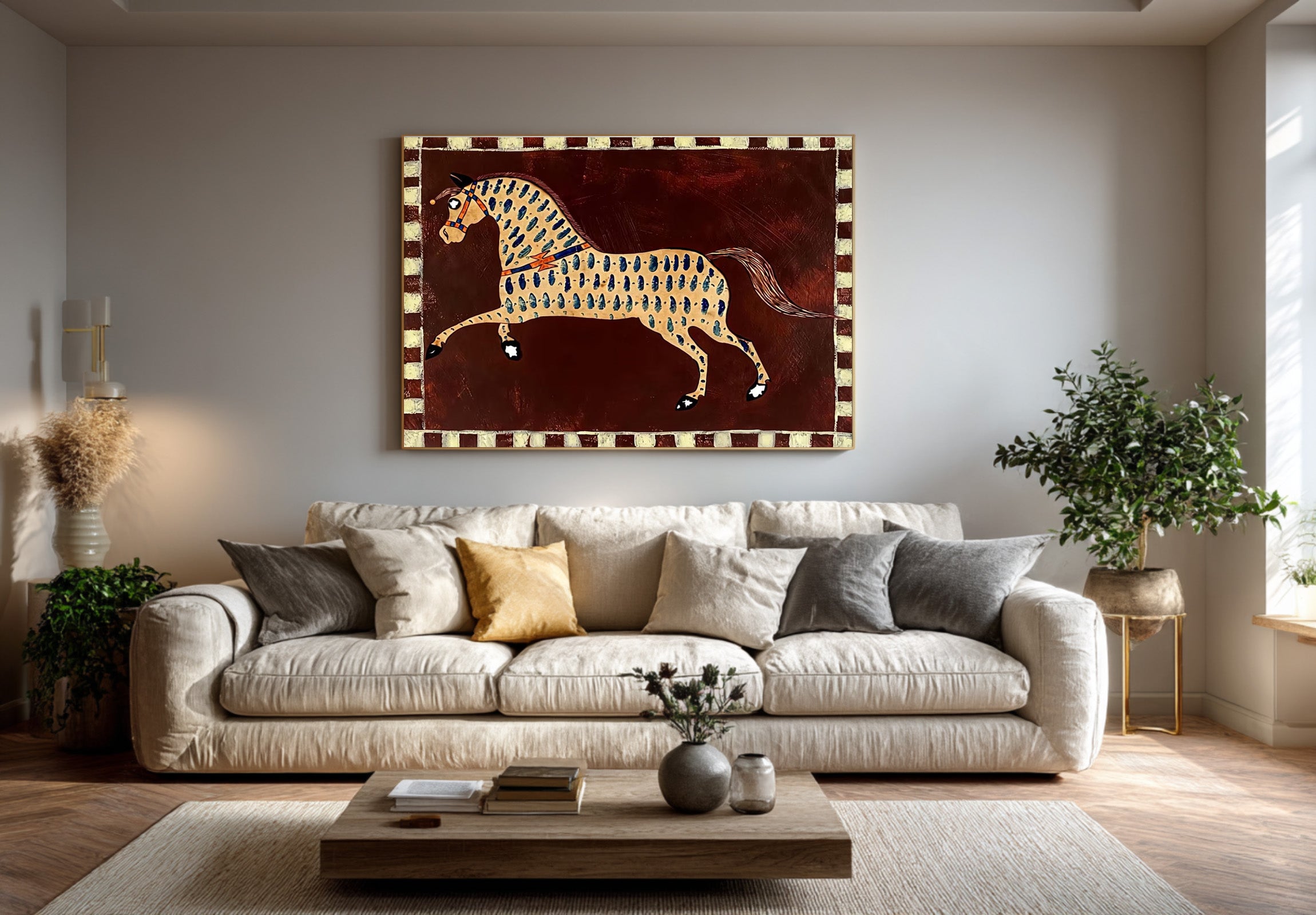 Large Folk Horse Wall Art Colorful Equestrian Canvas Painting | ArtvistaGallery