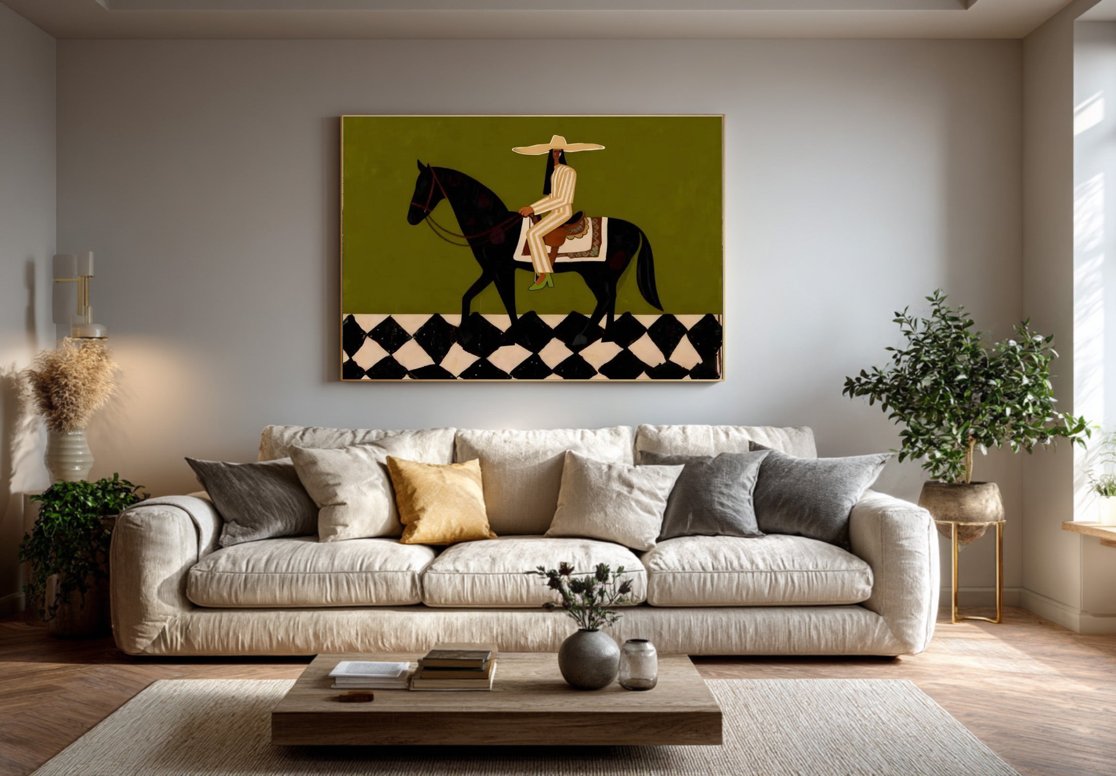 Large Western Rider Wall Art Green Abstract Horse Painting | ArtvistaGallery