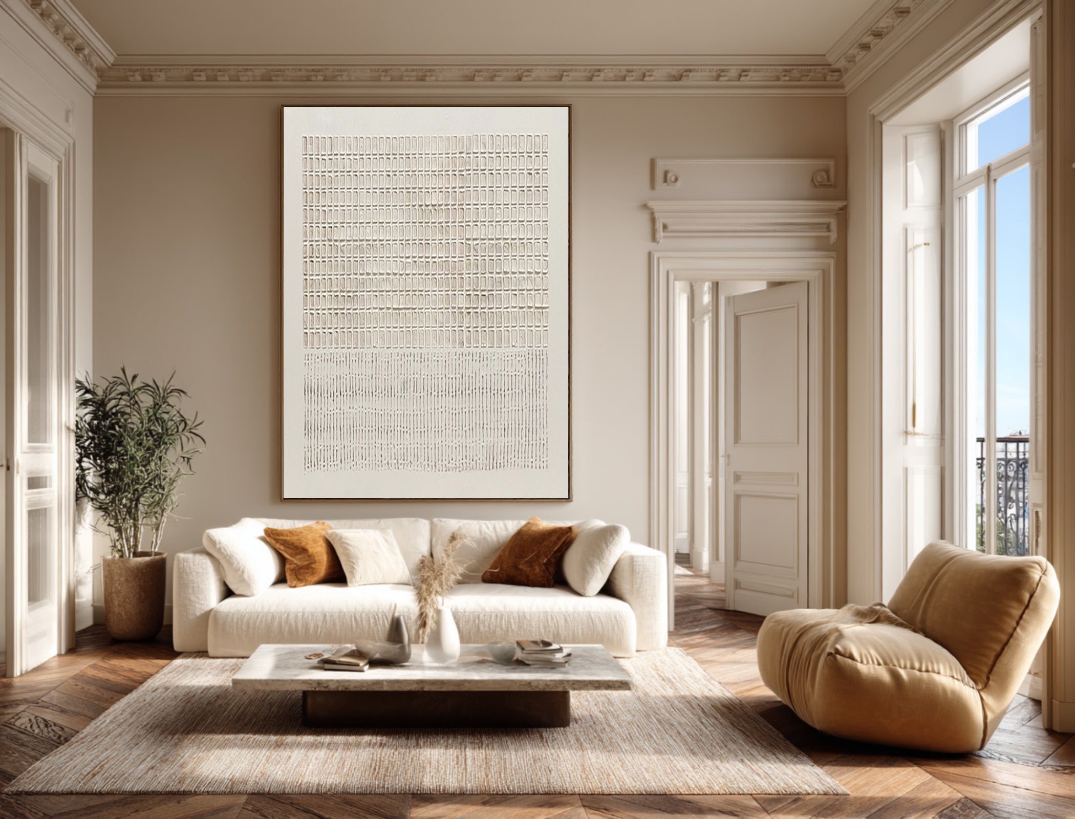 Large Abstract Oil Painting Beige Textured Grid Art, Minimal Modern Wall Art for Living Room | ArtvistaGallery #WAB 021