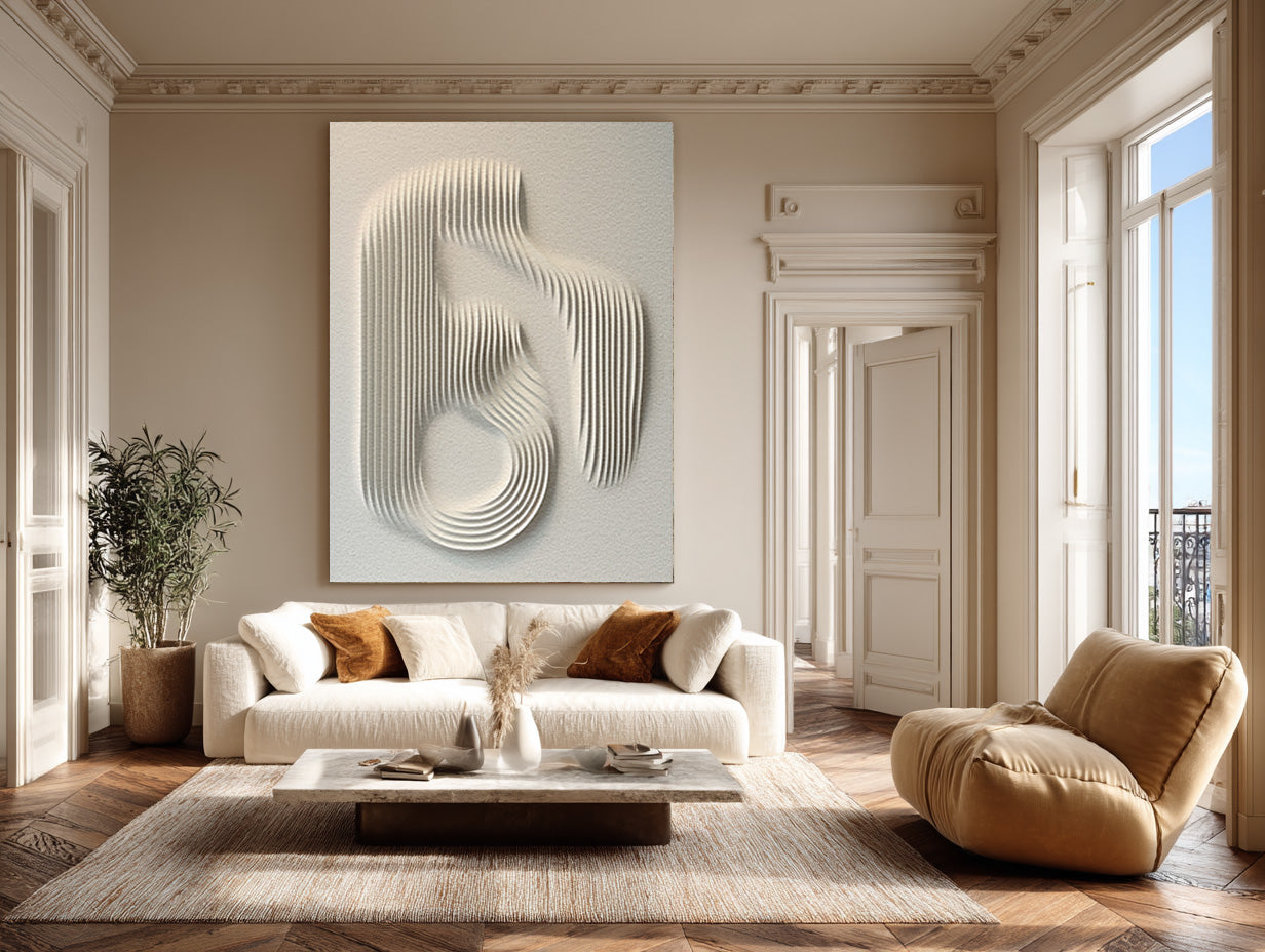 Contemporary White Abstract Relief Art on Textured Base #WG 079