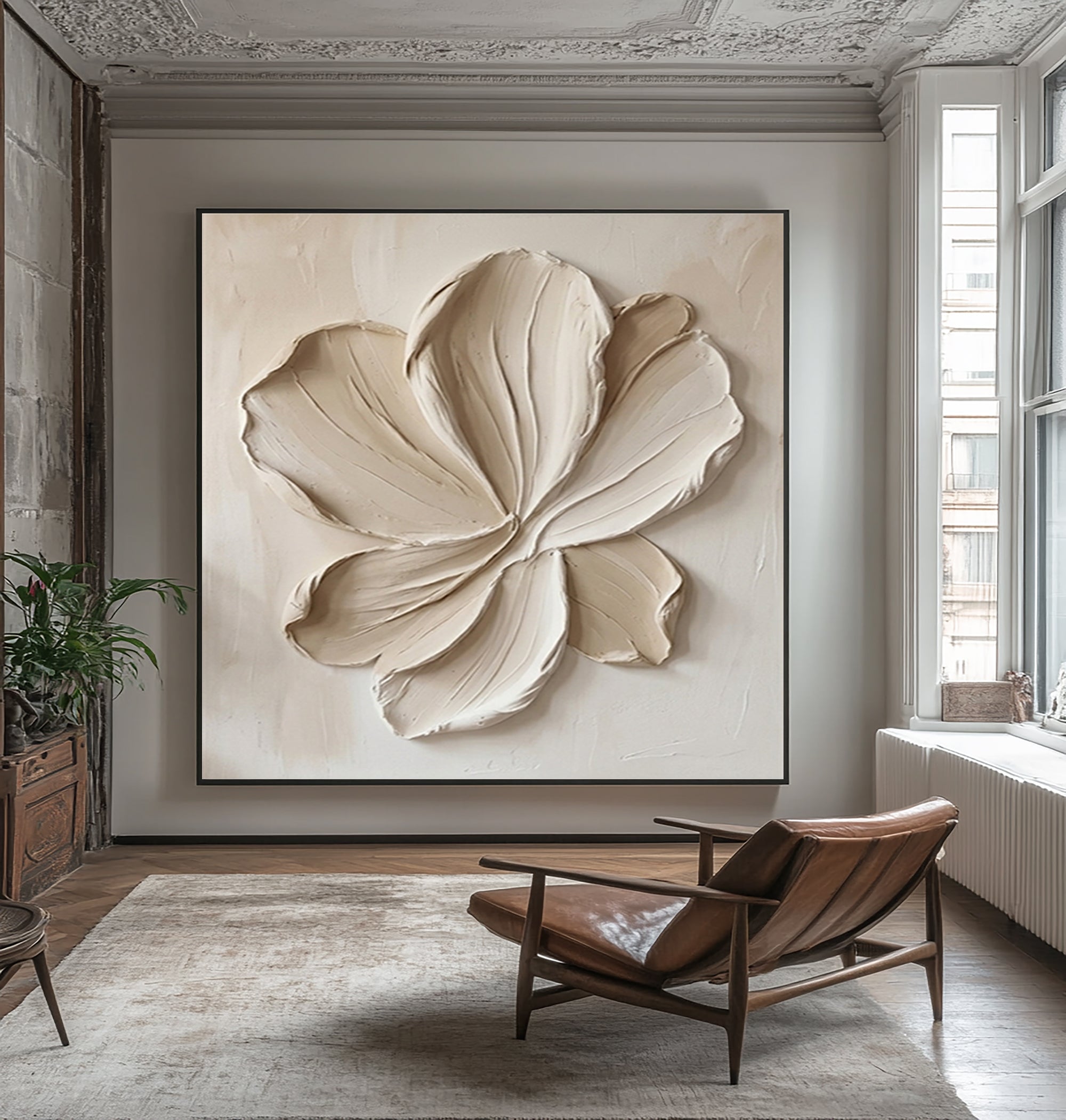 Large Botanical Relief Wall Art Contemporary Neutral Floral Canvas Painting