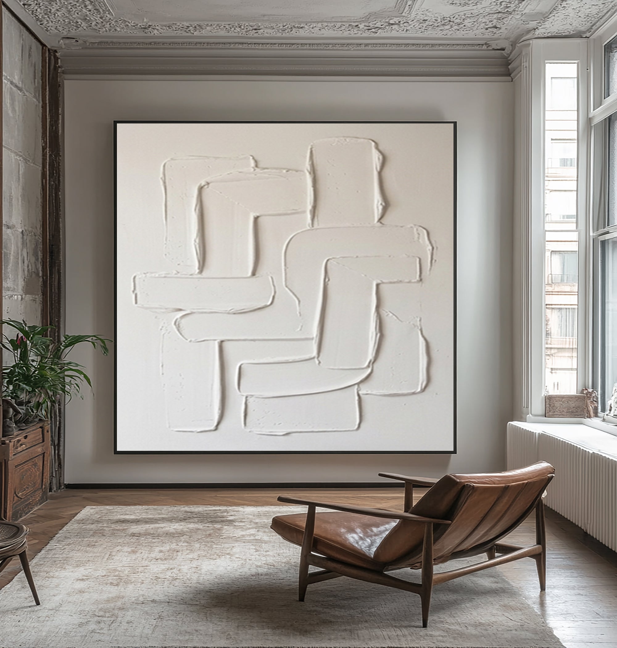 Large White Textured Wall Art Hand Painted Modern Abstract Canvas