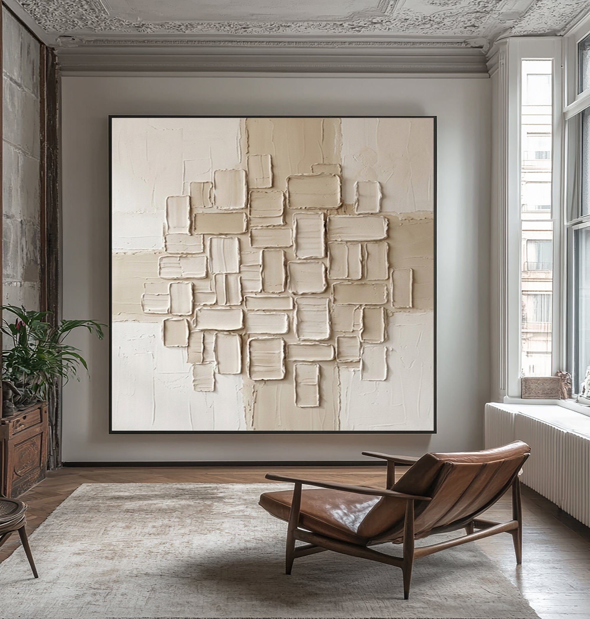 Large Cubic Relief Wall Art Contemporary Neutral Sculptural Texture Canvas Painting