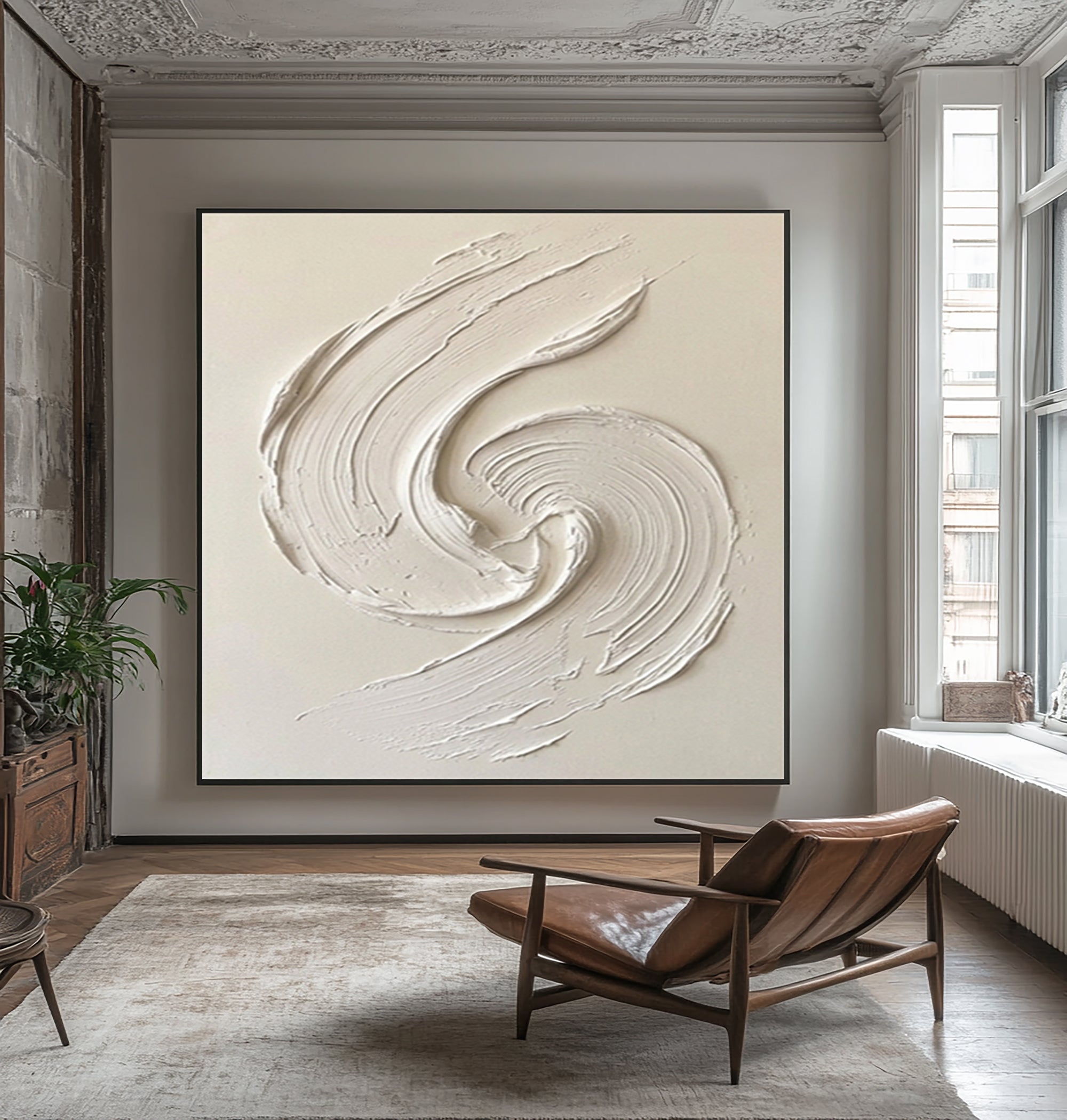 Large White Textured Spiral Wall Art Hand Painted Modern Canvas