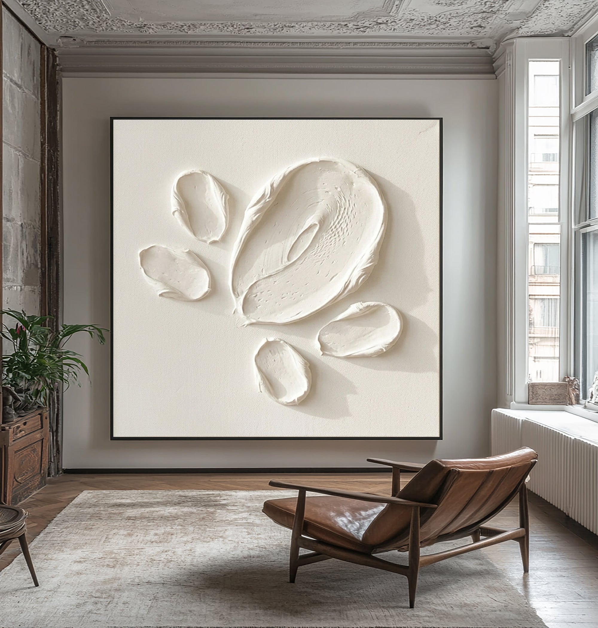 Large Minimalist White Oil Painting with Abstract Textured Petal Wall Art