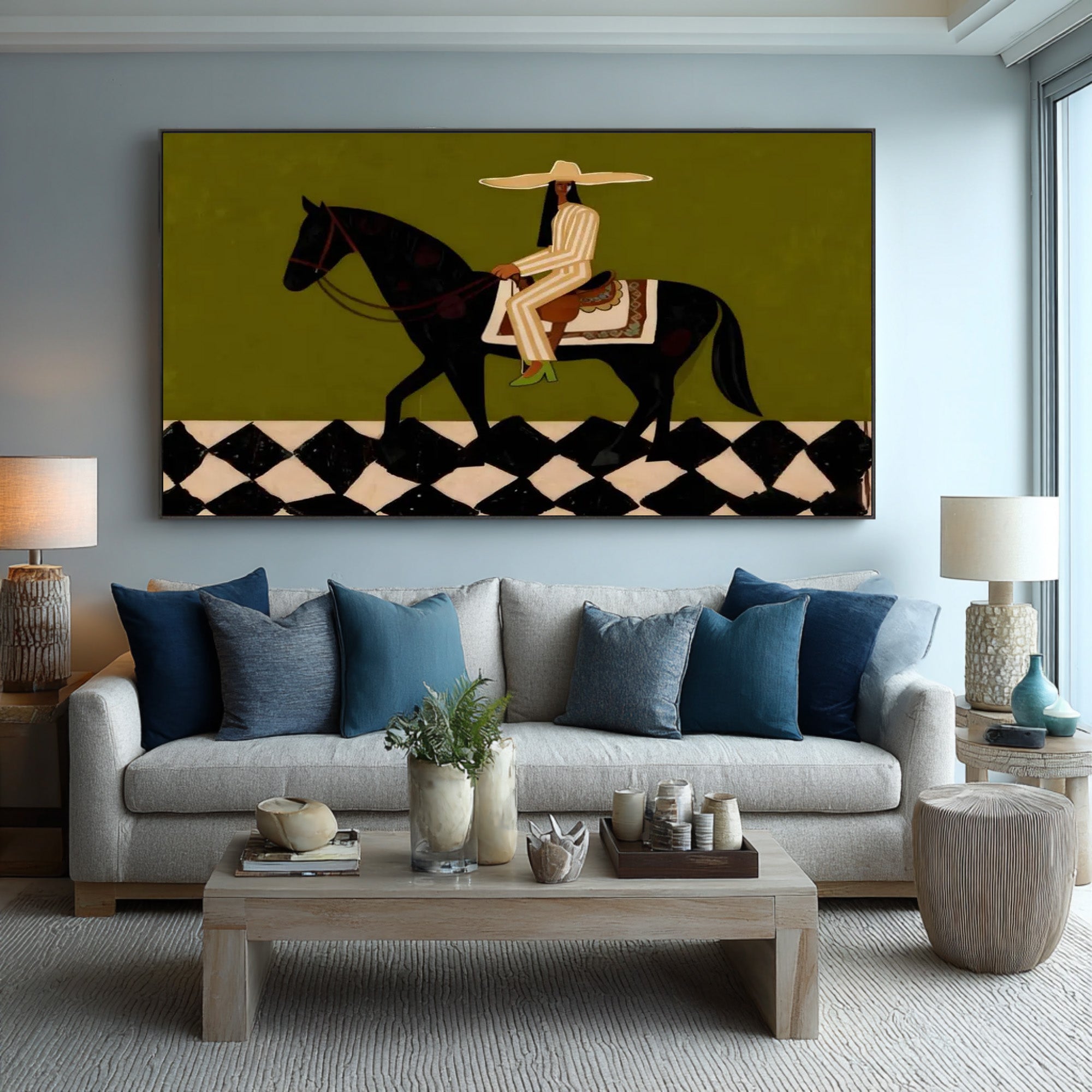 Large Western Rider Wall Art Green Abstract Horse Painting | ArtvistaGallery