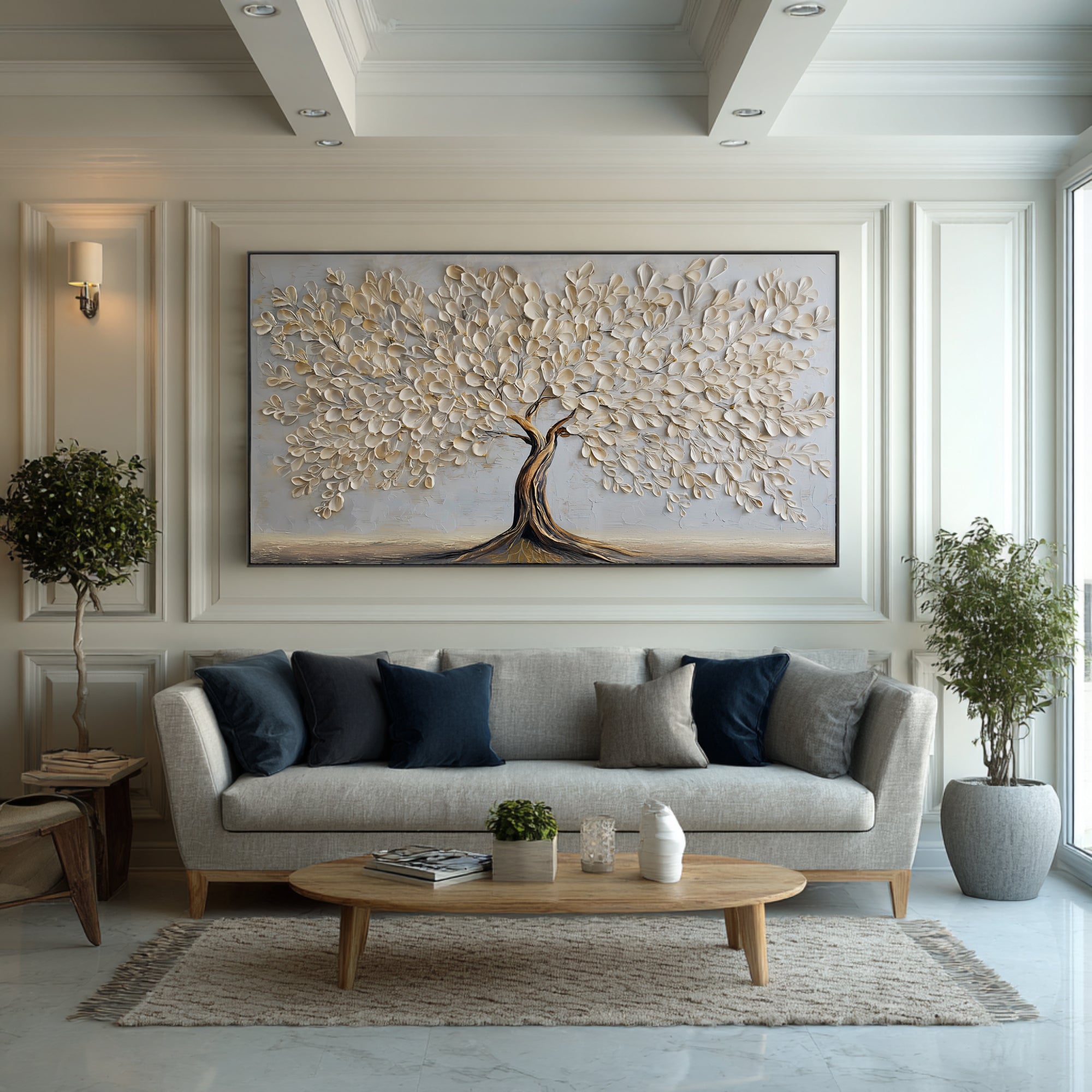 Luxurious Gold White Tree Painting: Textured Detail #WG 064