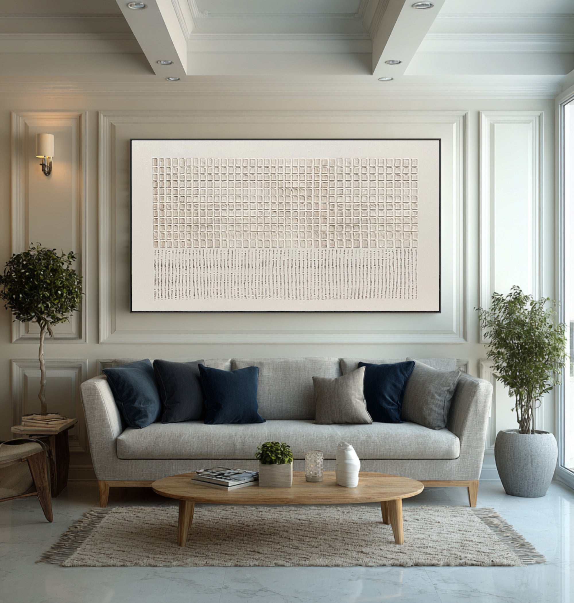 Large Abstract Oil Painting Beige Textured Grid Art, Modern Luxury Wall Art for Living Room | ArtvistaGallery #WAB 022
