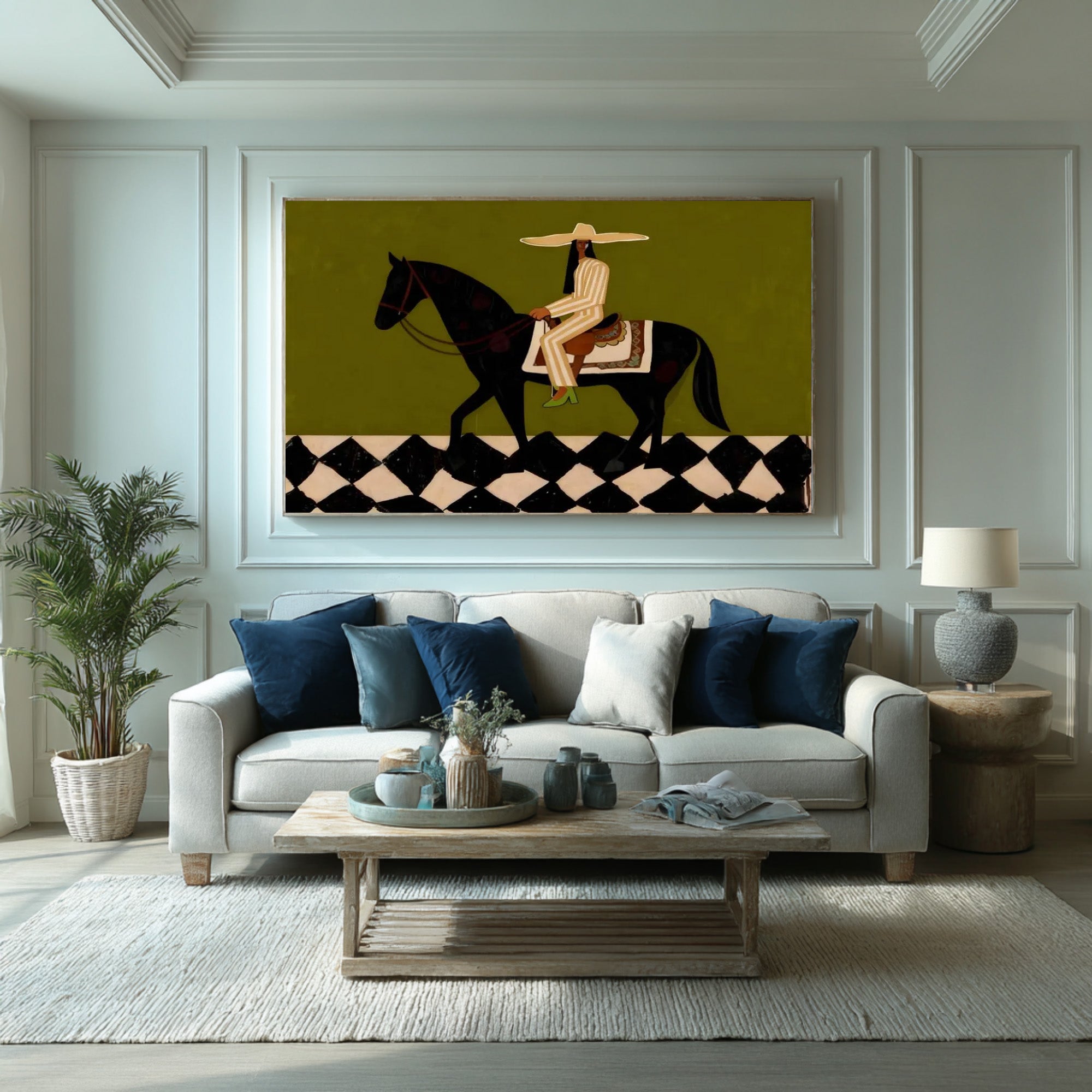 Large Western Rider Wall Art Green Abstract Horse Painting | ArtvistaGallery
