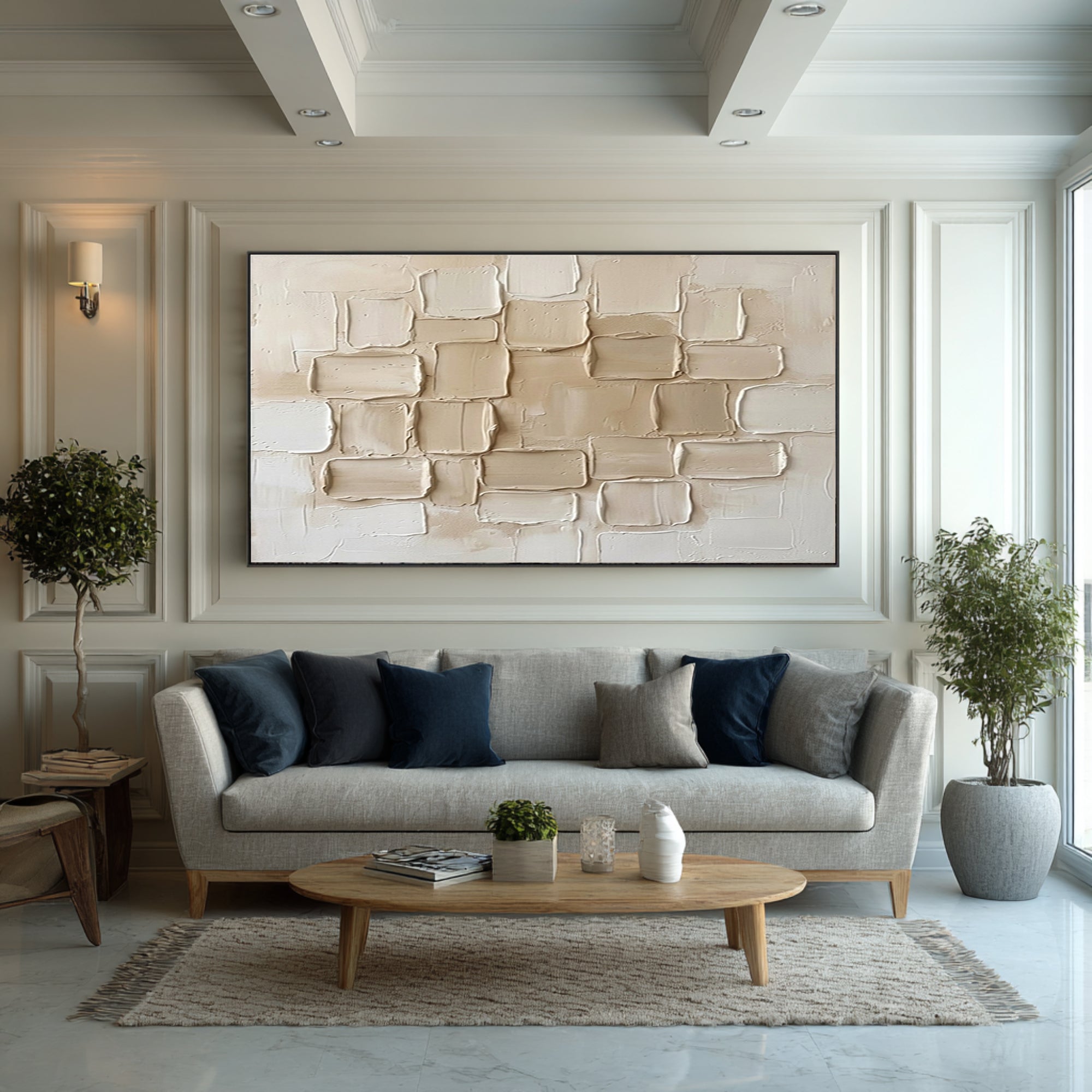 Large Neutral Brick Wall Art Horizontal Textured Abstract Canvas