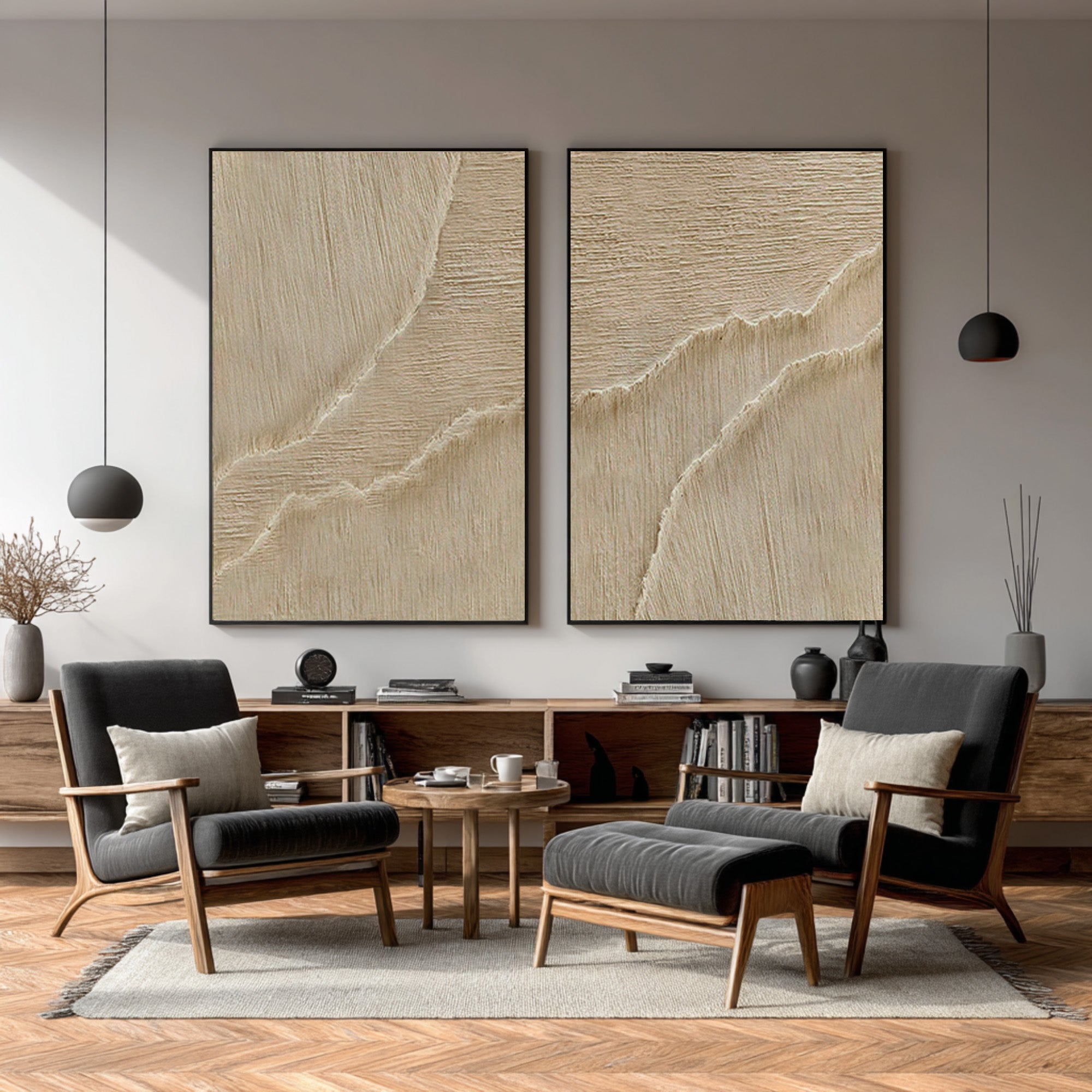 Duo Textured Abstract Art Minimalist Beige Set of Two #WG 071