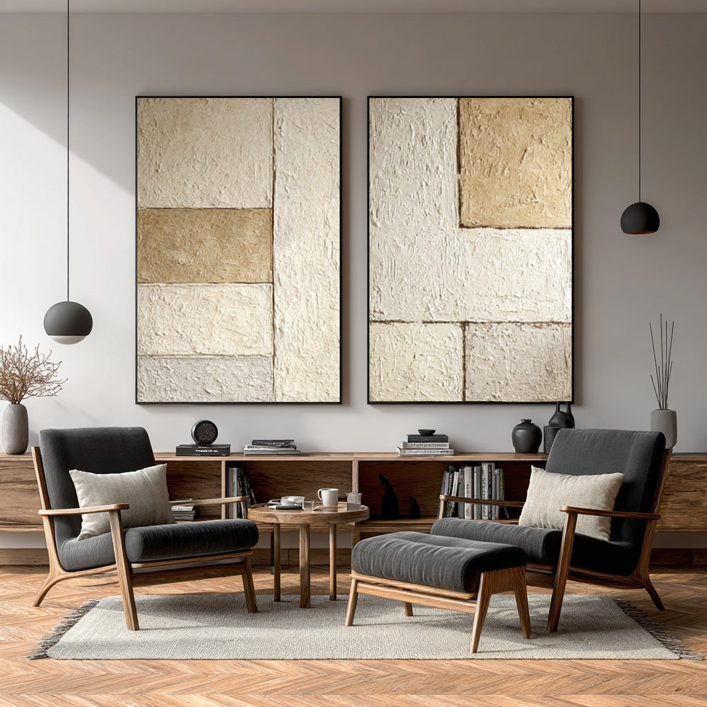 Beige & Brown Abstract Diptych - Textured Modern Wall Art #WG 077