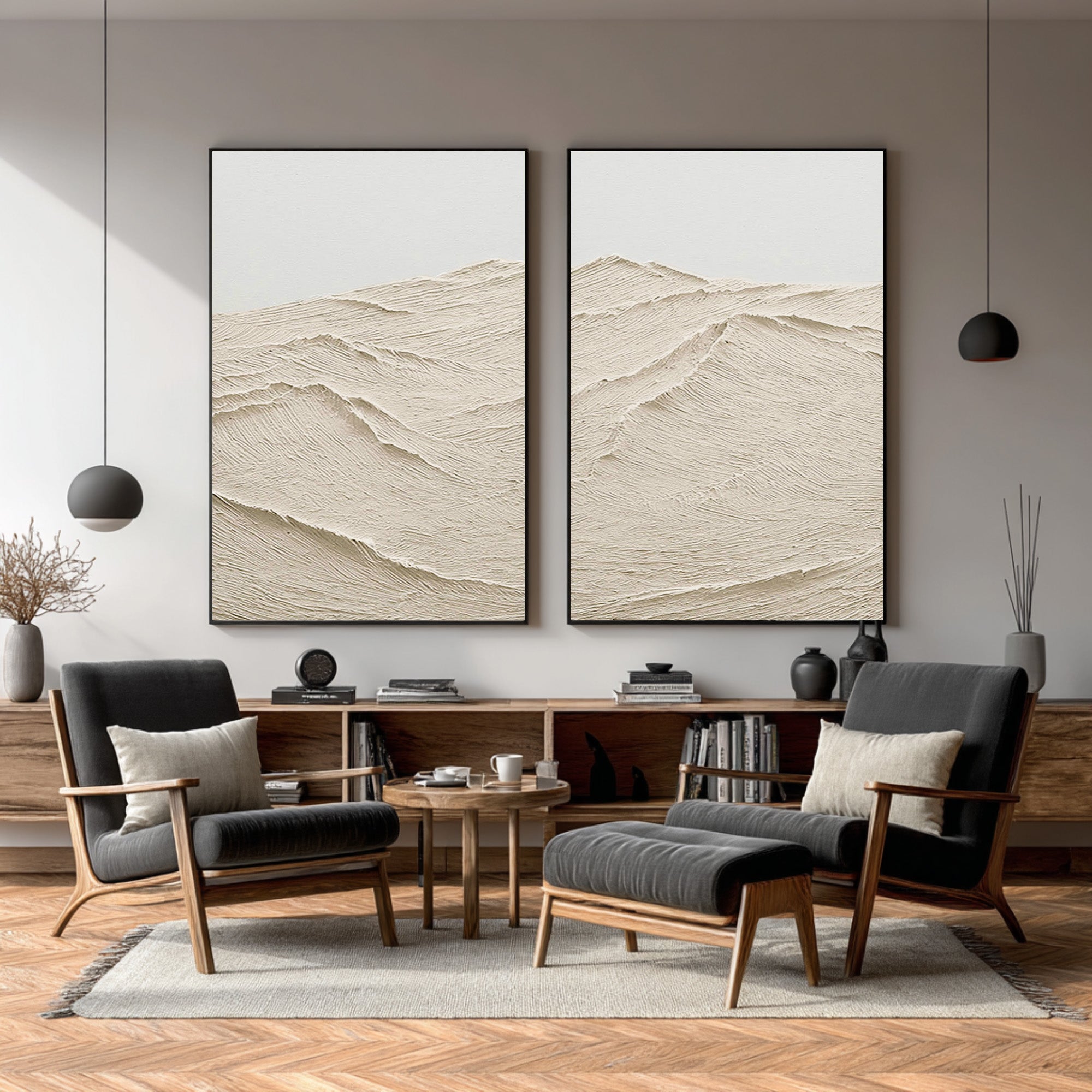 Dual Textured Abstract Art Minimalist Beige Set #WG 072