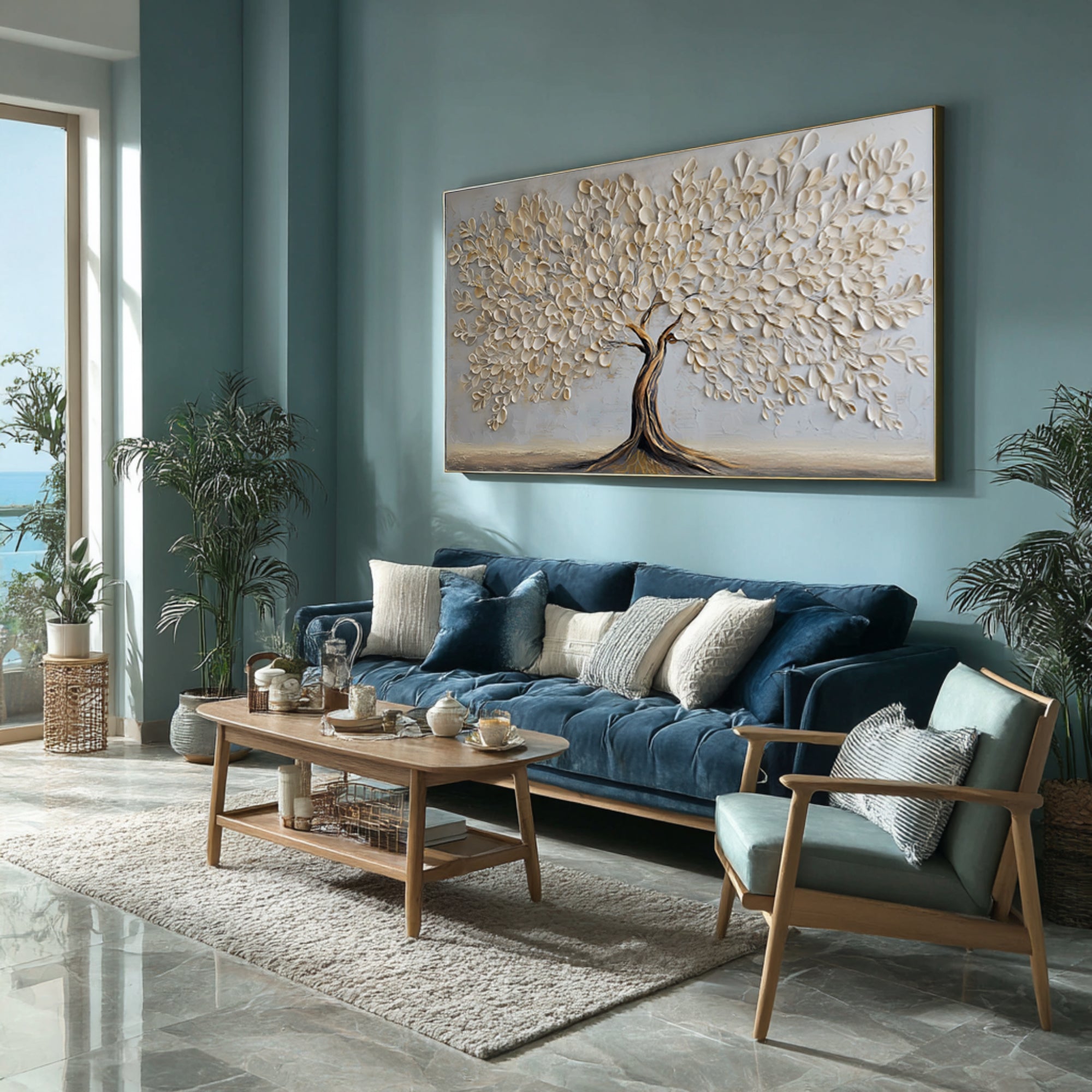 Luxurious Gold White Tree Painting: Textured Detail #WG 064