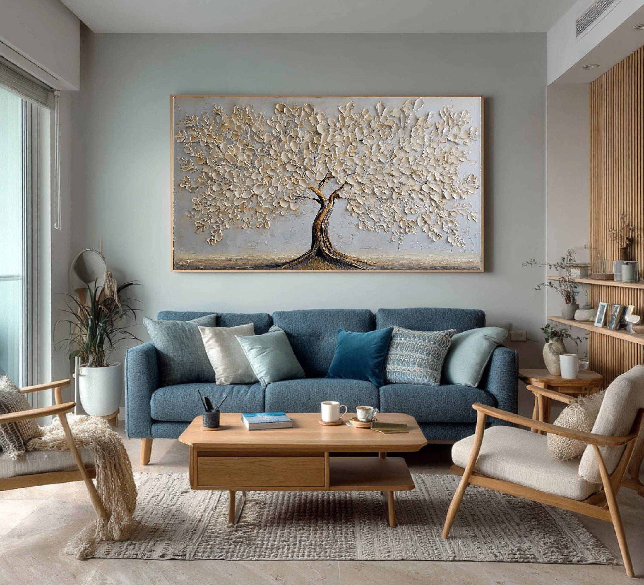 Luxurious Gold White Tree Painting: Textured Detail #WG 064