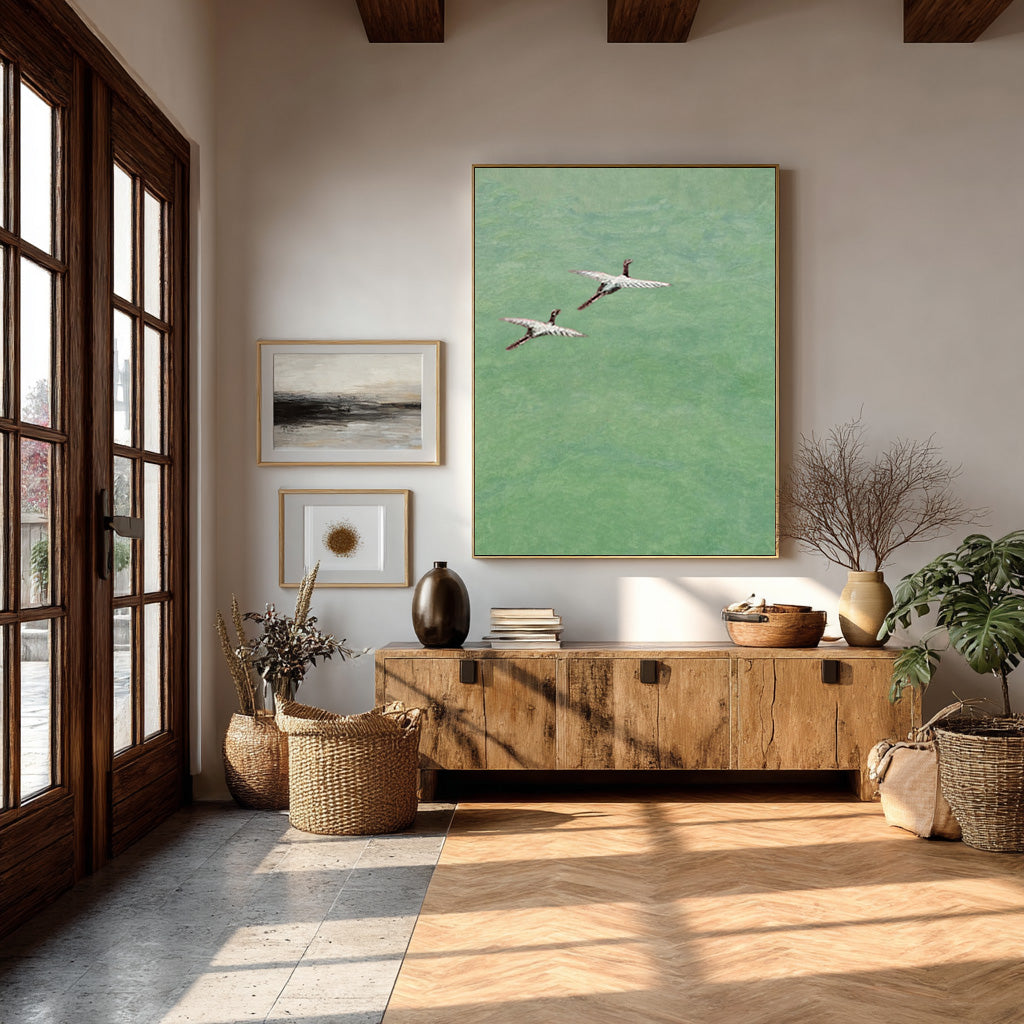 Contemporary Green Abstract Canvas with Flying Birds #WG 084
