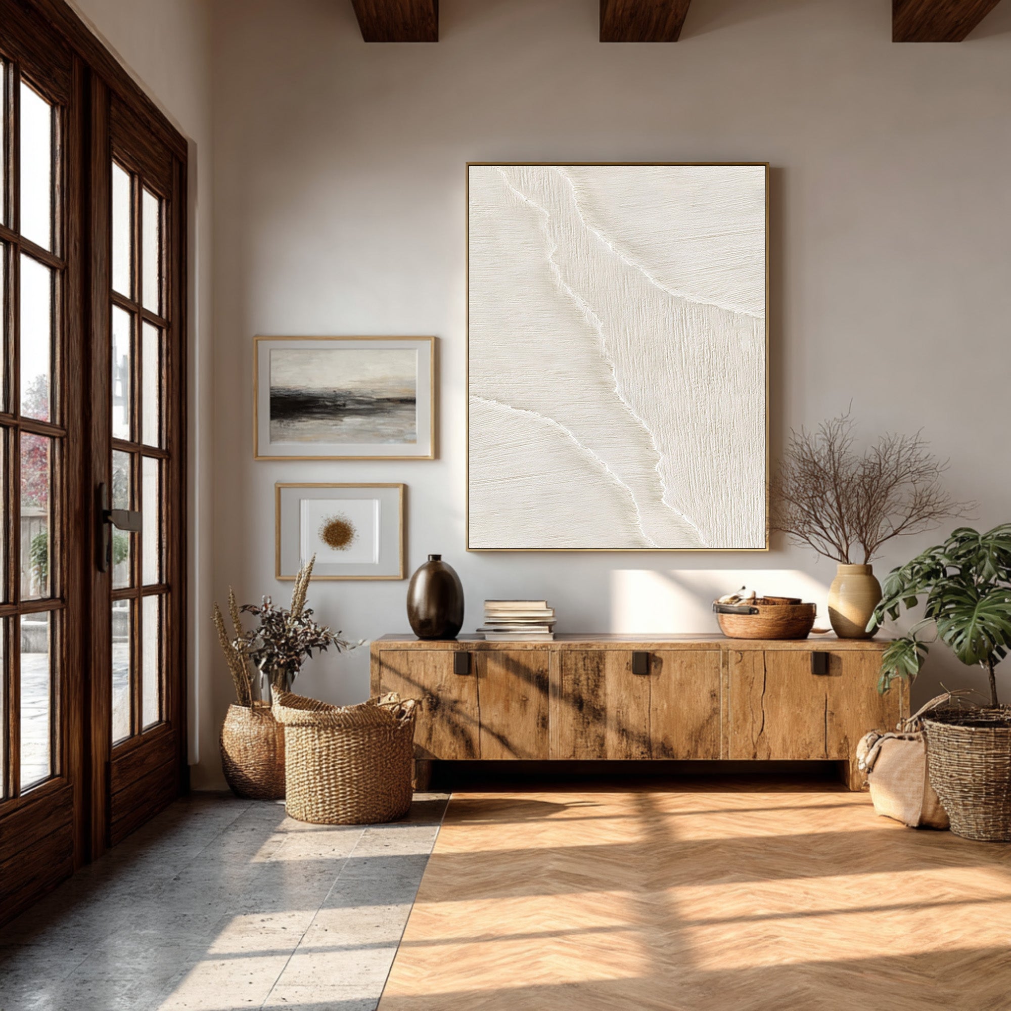 Vertical Textured Wave Art | Minimalist Beige Canvas #WG 068