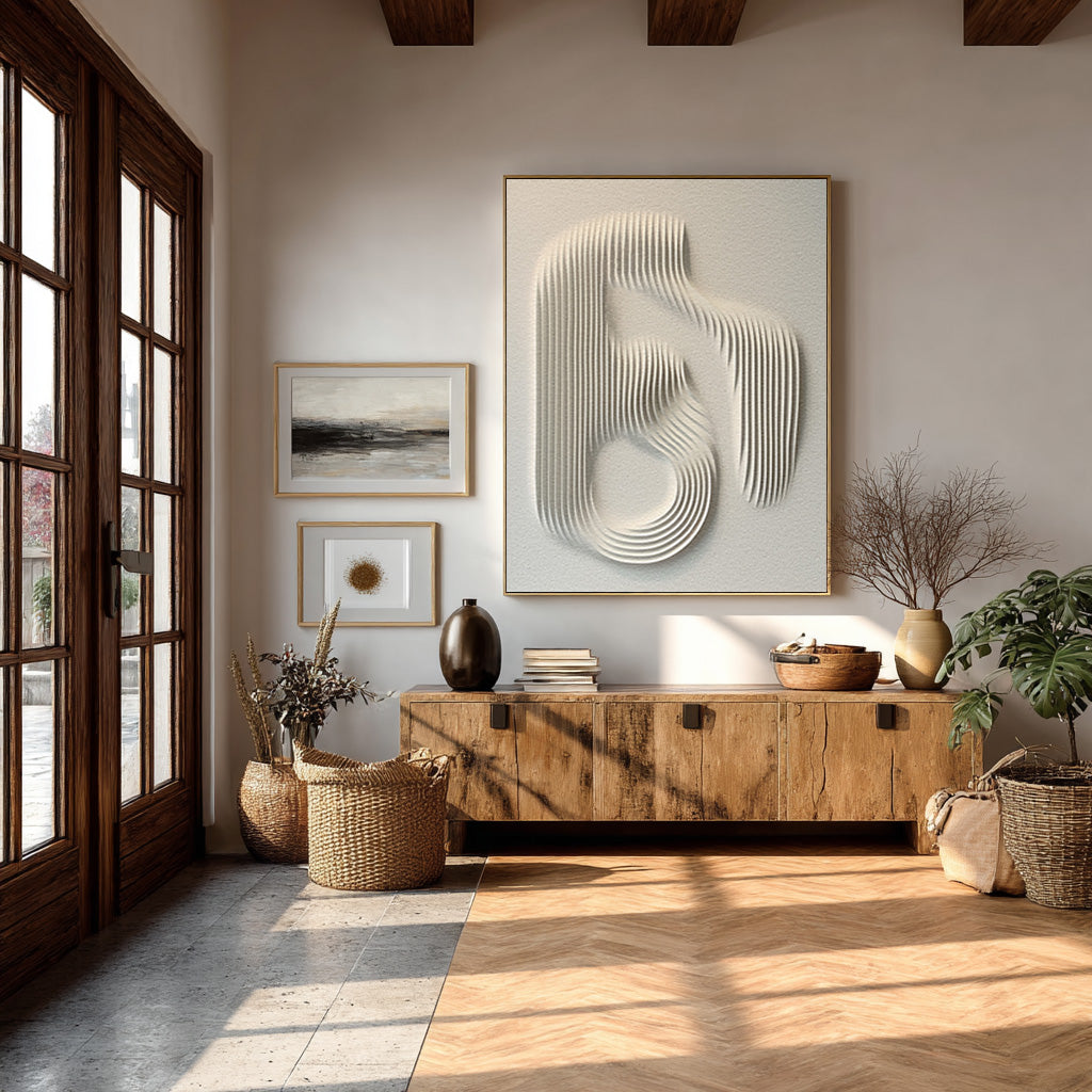 Contemporary White Abstract Relief Art on Textured Base #WG 079