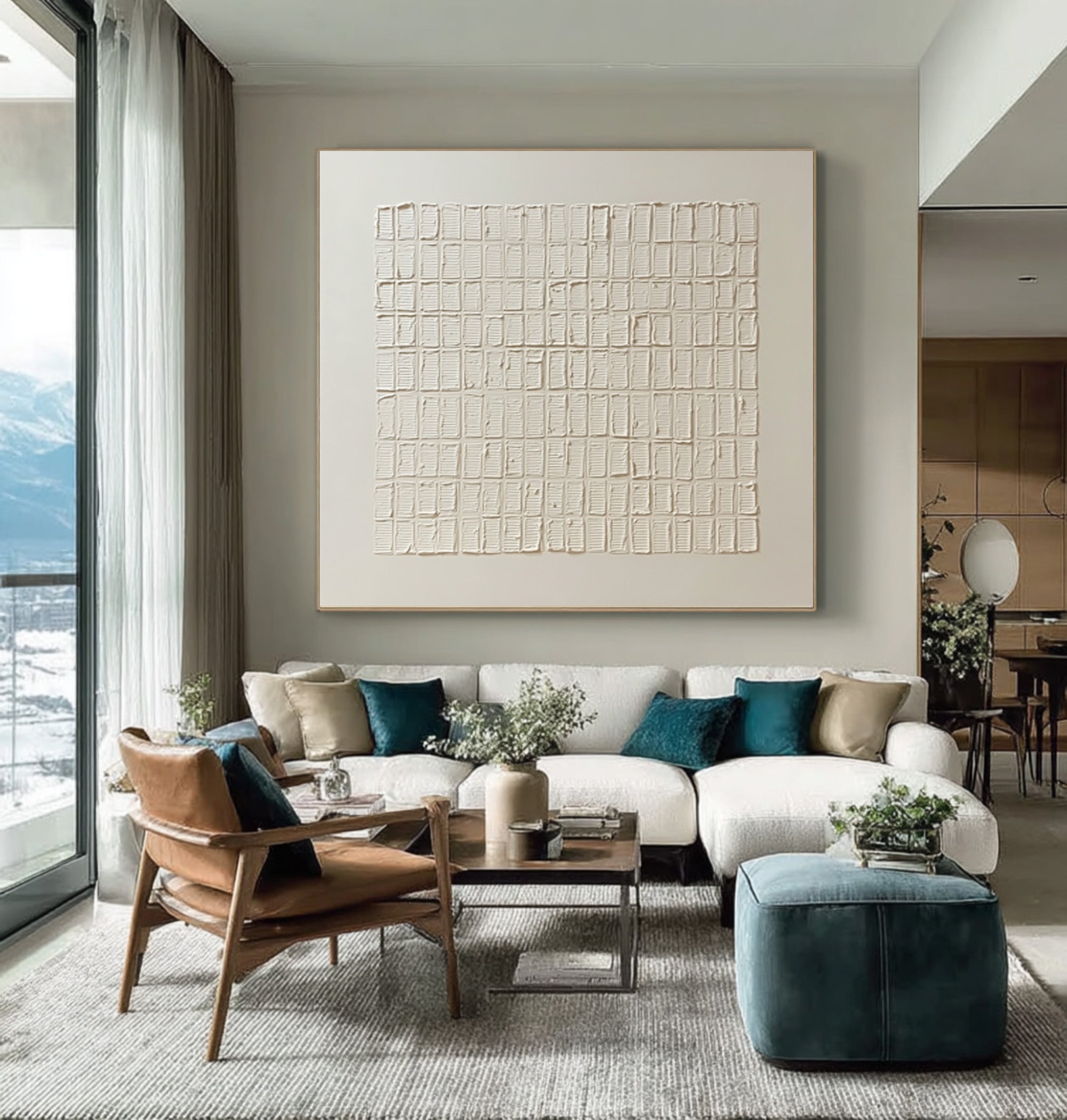 Modern Textured Wall Art Cream White Grid Decor #WG 058
