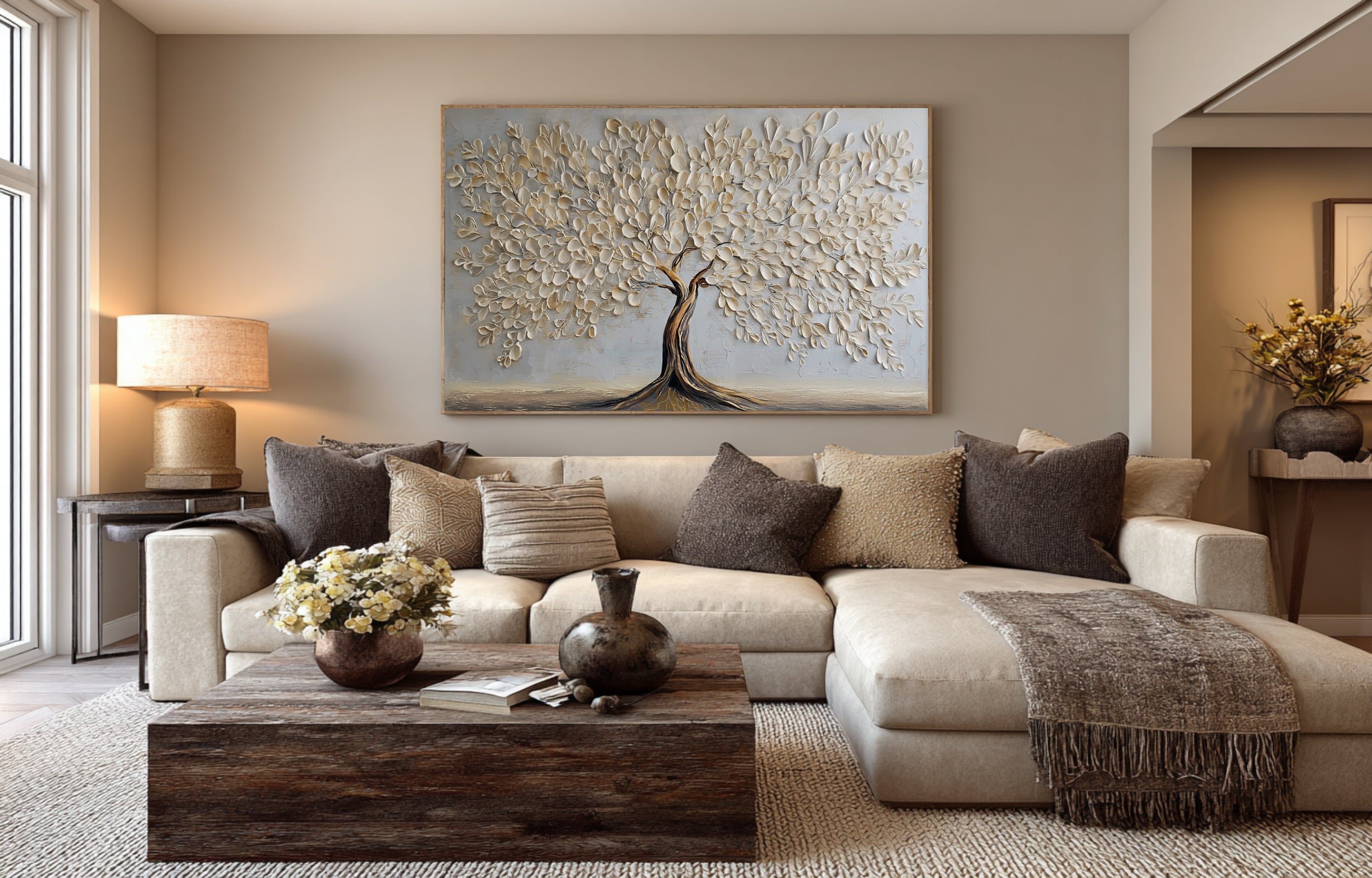 Luxurious Gold White Tree Painting: Textured Detail #WG 064
