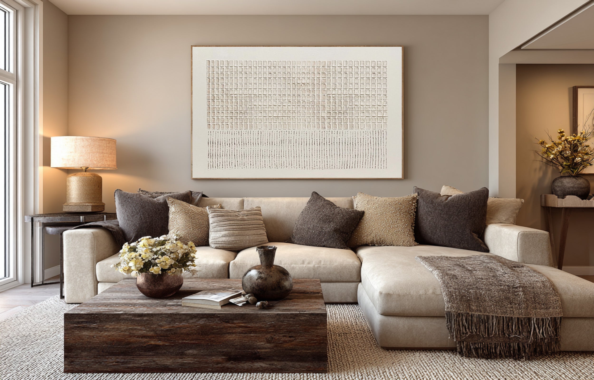 Large Abstract Oil Painting Beige Textured Grid Art, Modern Luxury Wall Art for Living Room | ArtvistaGallery #WAB 022