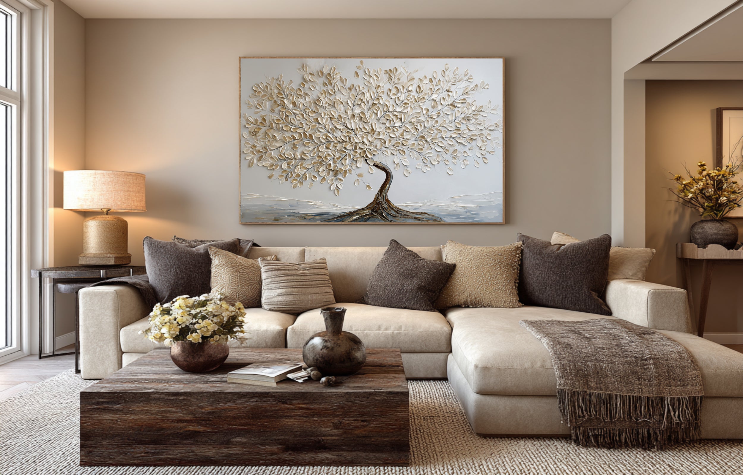 Gold & White Textured Tree Art on Canvas #WG 063