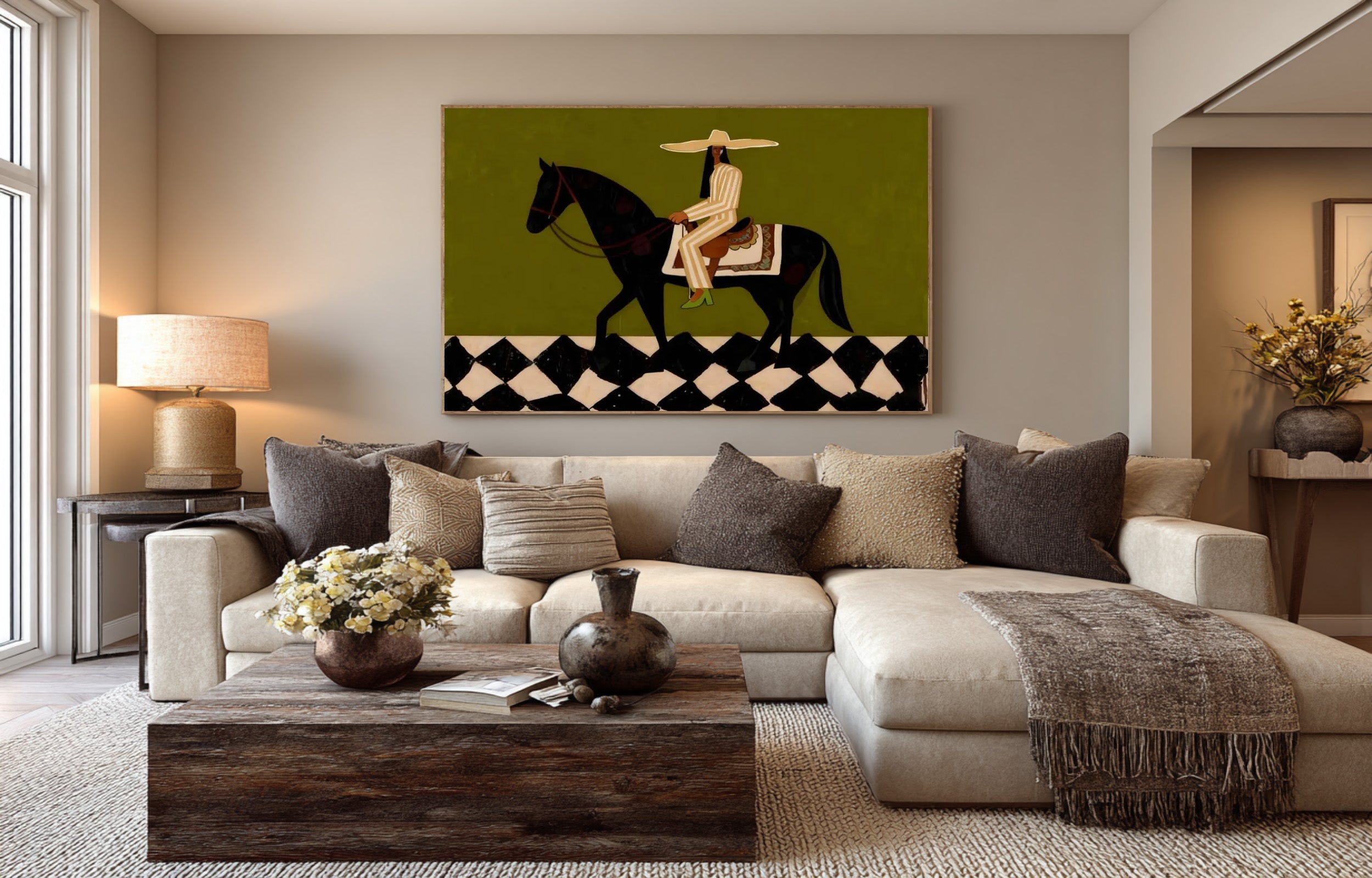 Large Western Rider Wall Art Green Abstract Horse Painting | ArtvistaGallery