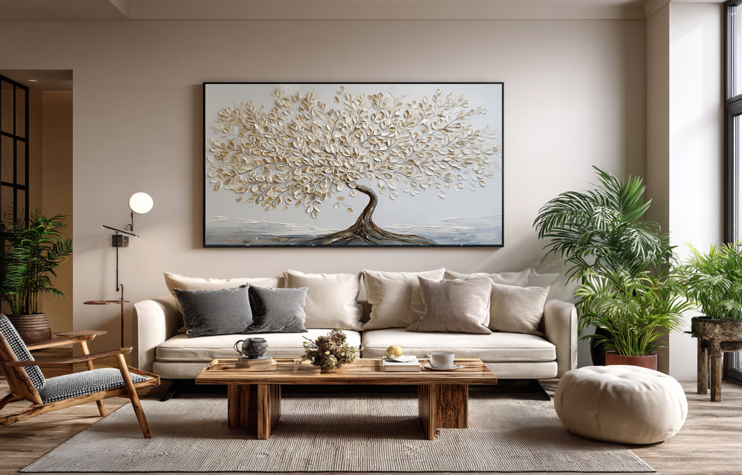 Gold & White Textured Tree Art on Canvas #WG 063