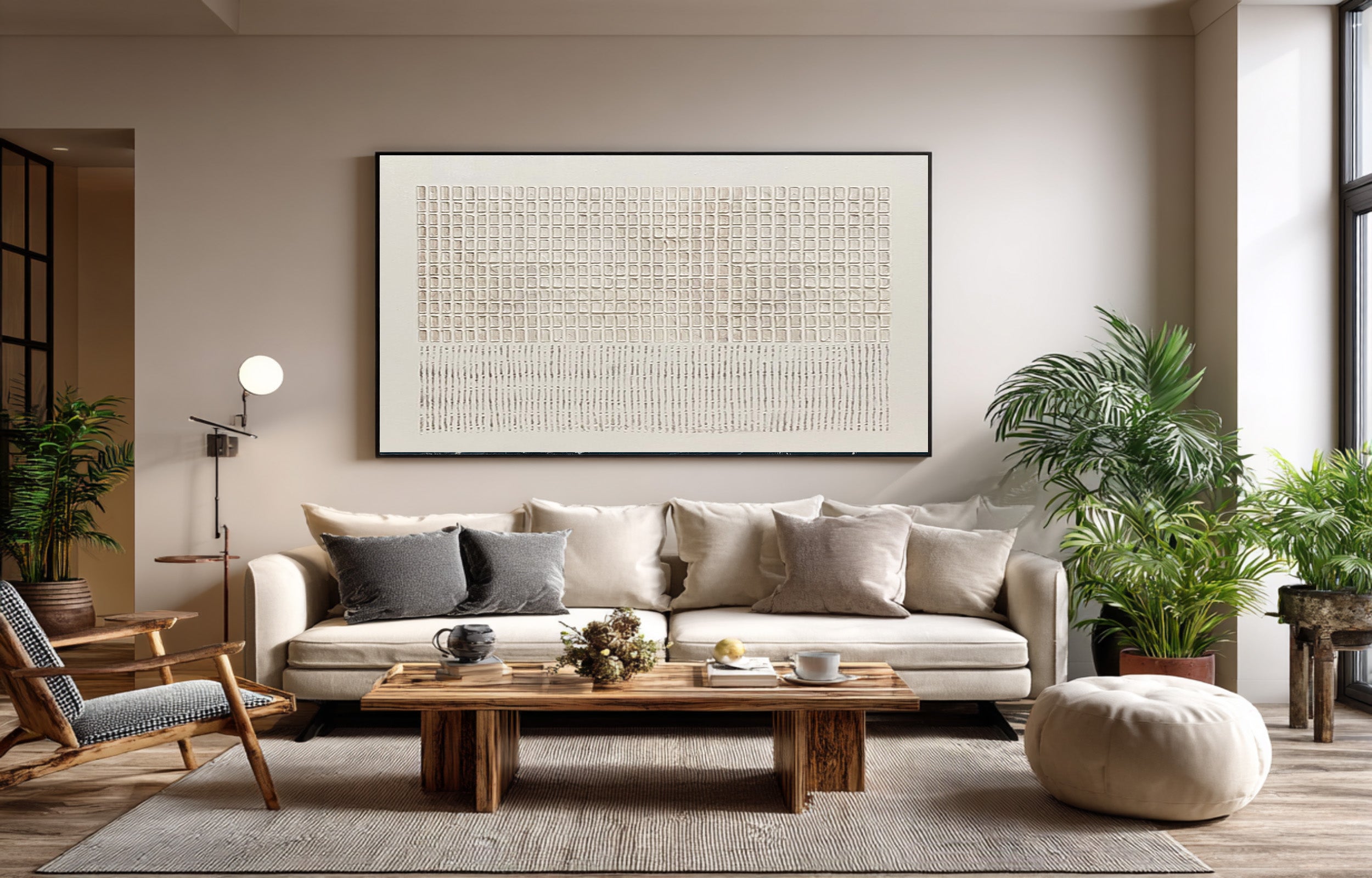Large Abstract Oil Painting Beige Textured Grid Art, Modern Luxury Wall Art for Living Room | ArtvistaGallery #WAB 022