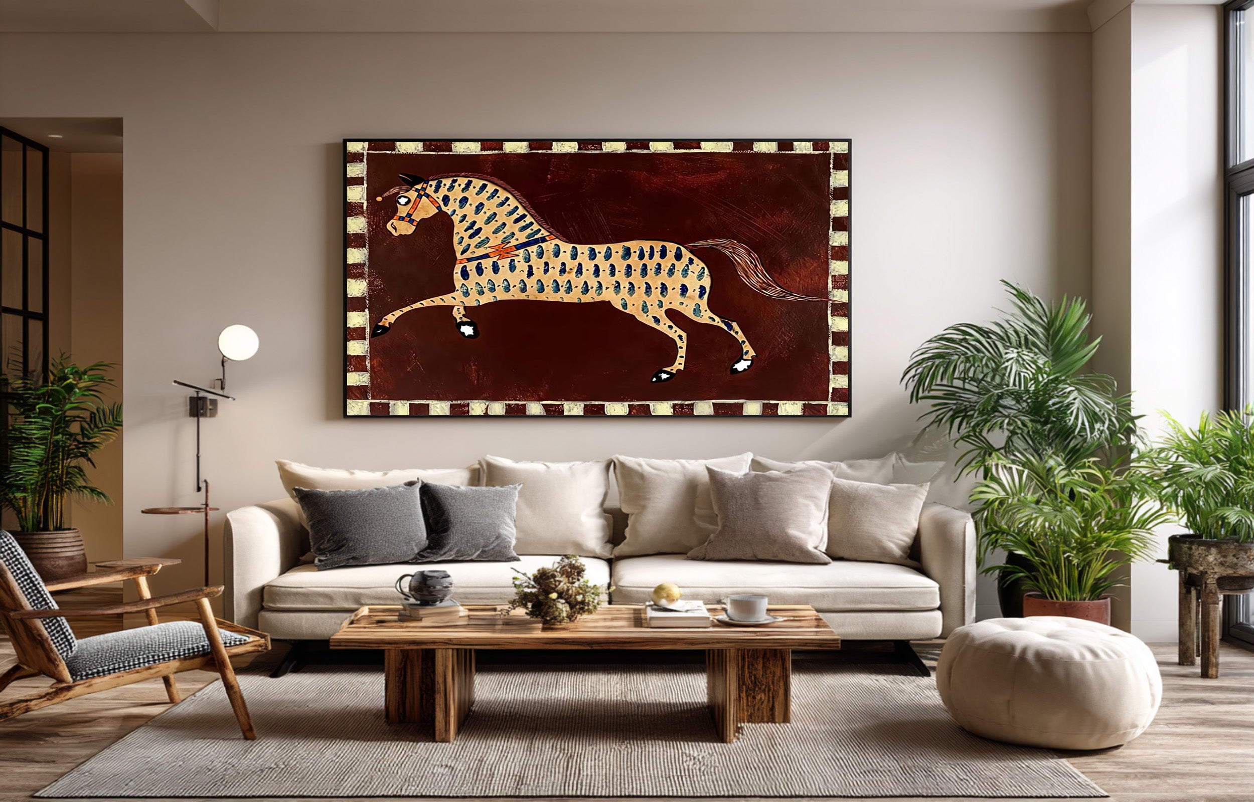 Large Folk Horse Wall Art Colorful Equestrian Canvas Painting | ArtvistaGallery