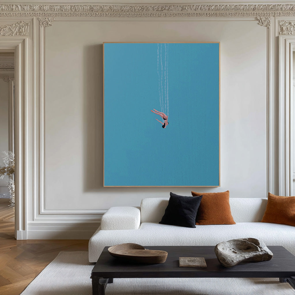 Serene Blue Wall Art Minimalist Diving Painting #WG 095