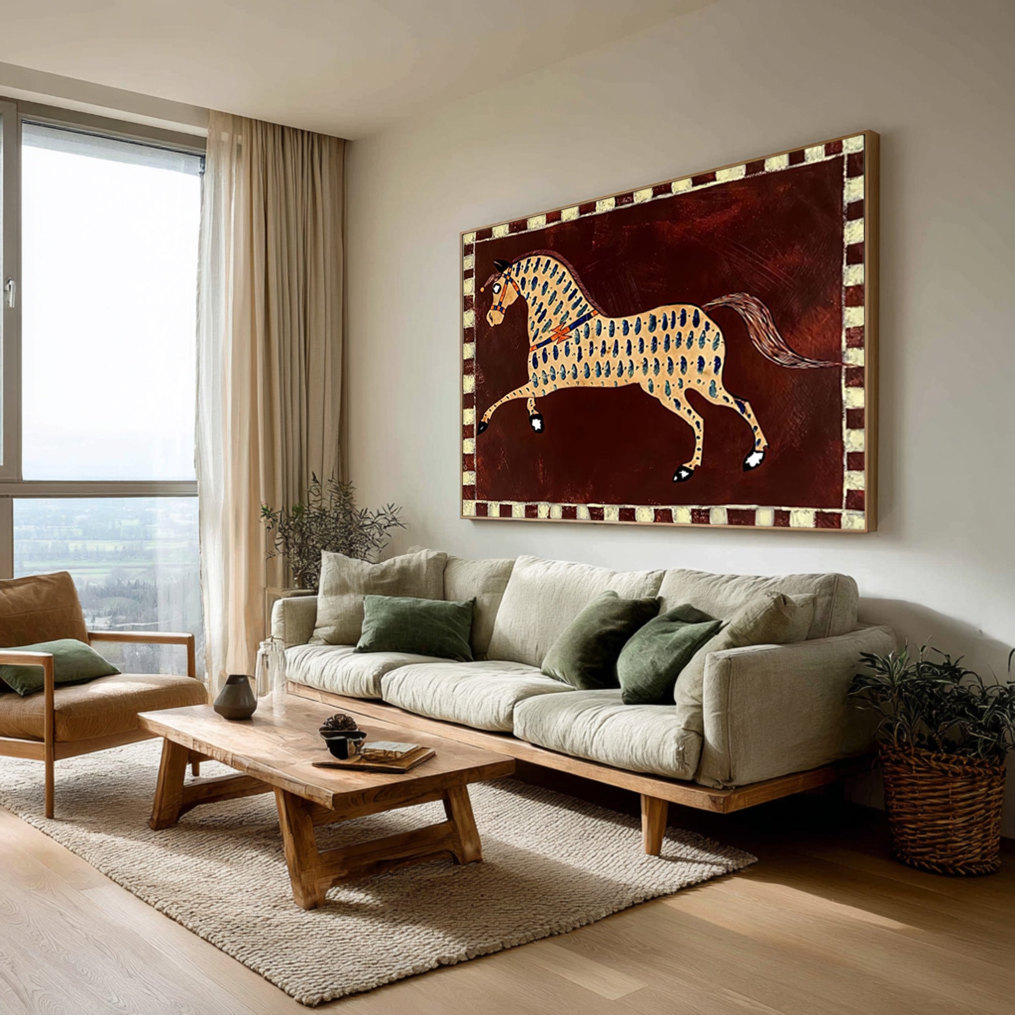 Large Folk Horse Wall Art Colorful Equestrian Canvas Painting | ArtvistaGallery
