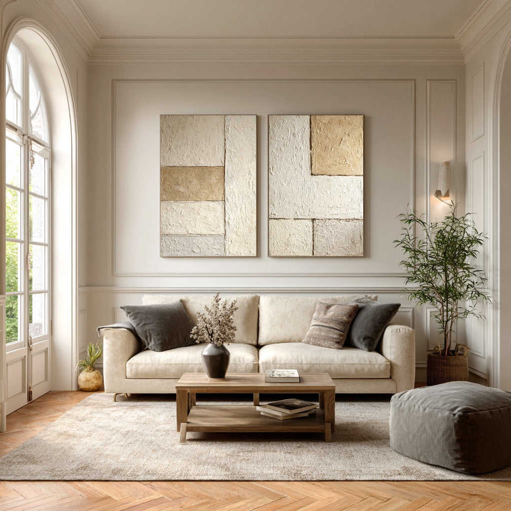 Beige & Brown Abstract Diptych - Textured Modern Wall Art #WG 077