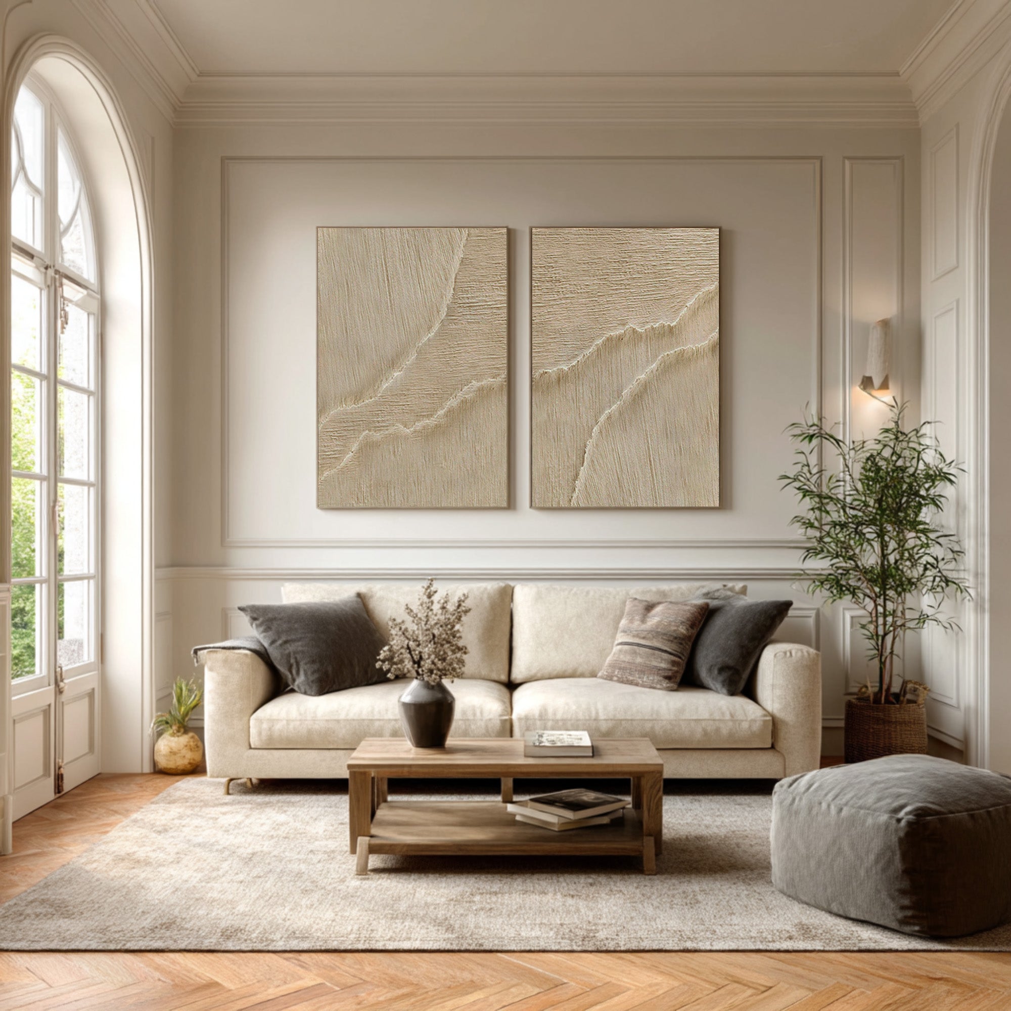 Duo Textured Abstract Art Minimalist Beige Set of Two #WG 071