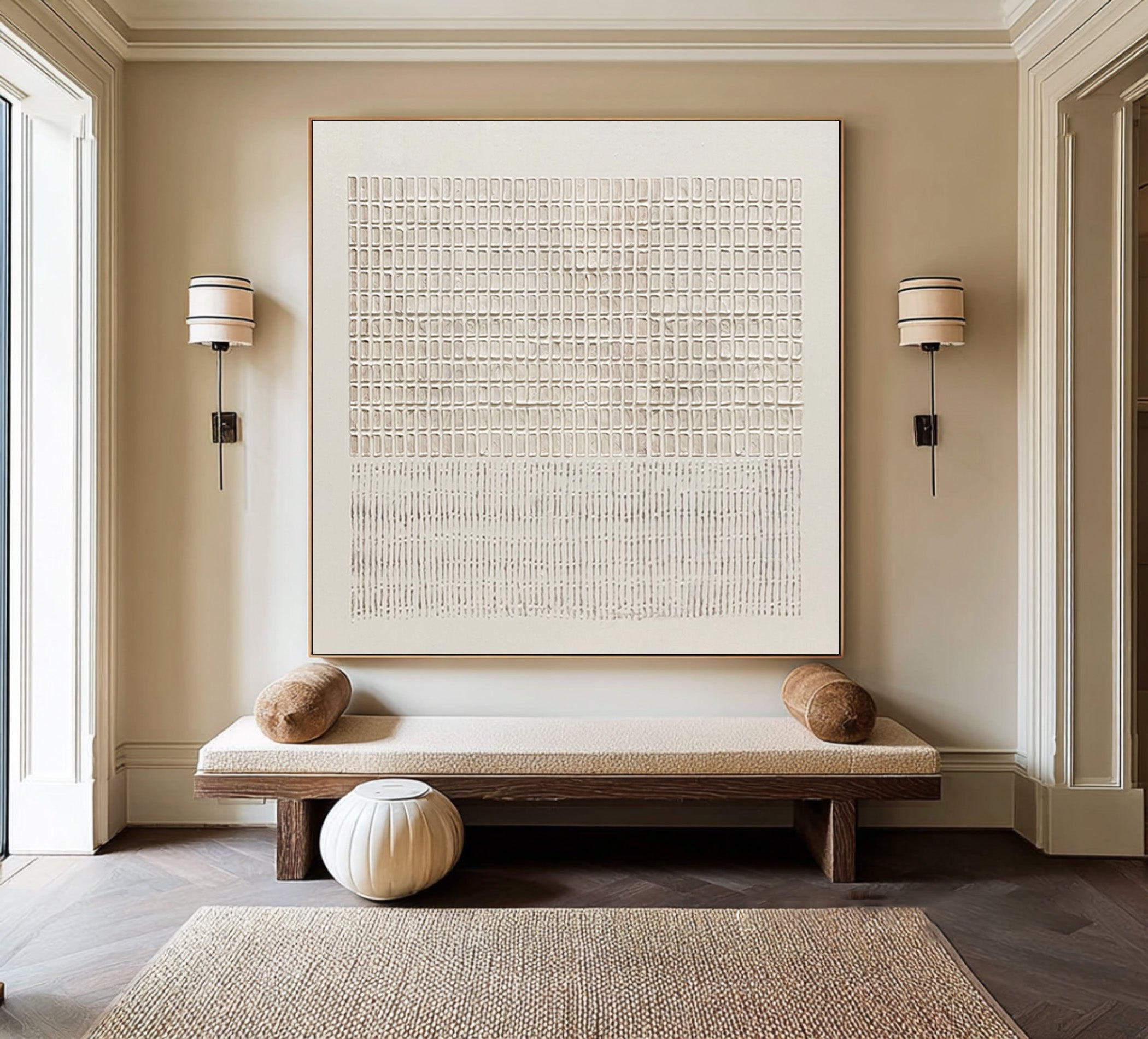 Large Contemporary Abstract Oil Painting, Beige Grid Textured Art for Modern Interior #WAB 018
