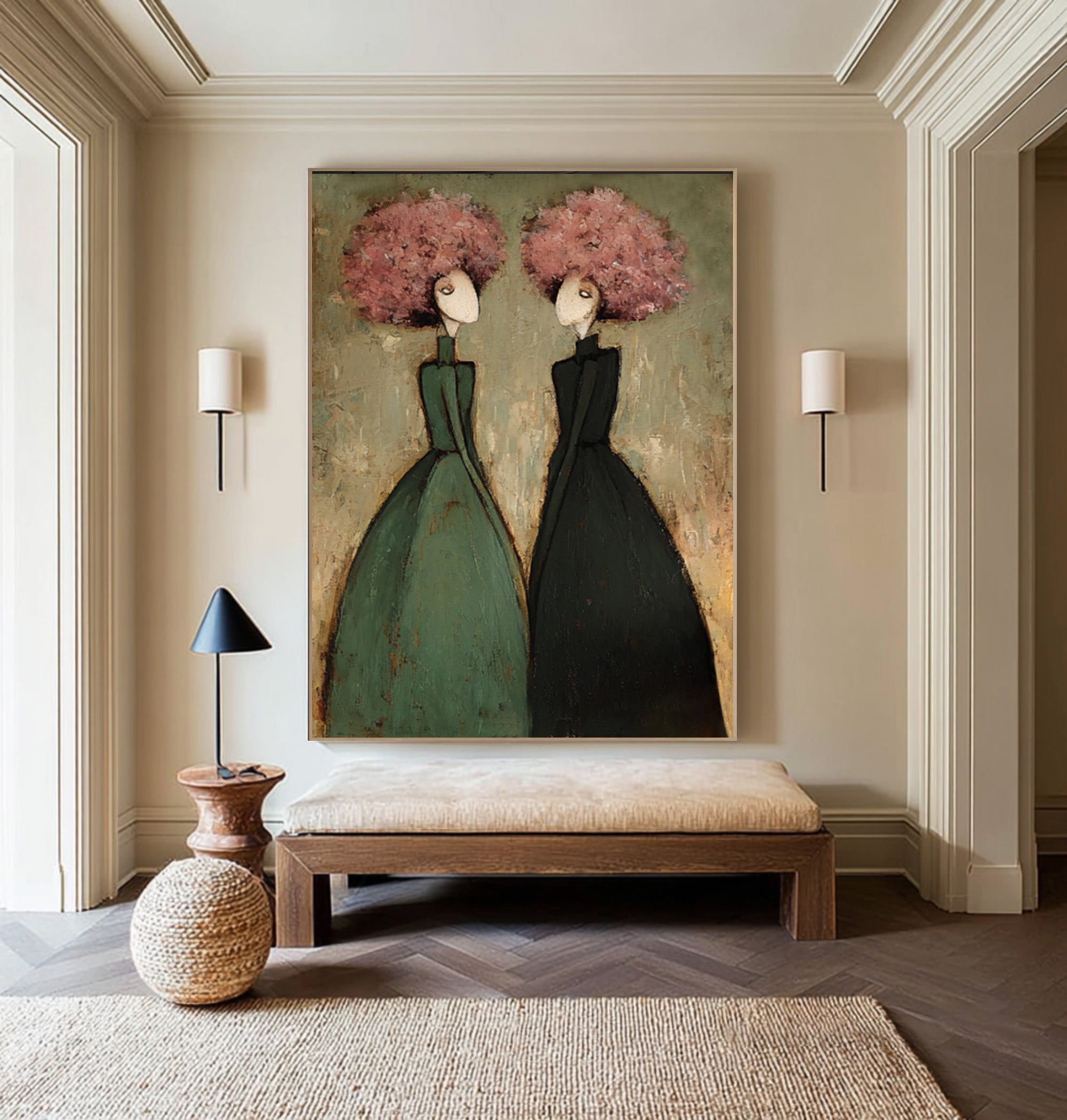 Large Contemporary Portrait Oil Painting – Modern Green and Pink Canvas Wall Art #WAB 035