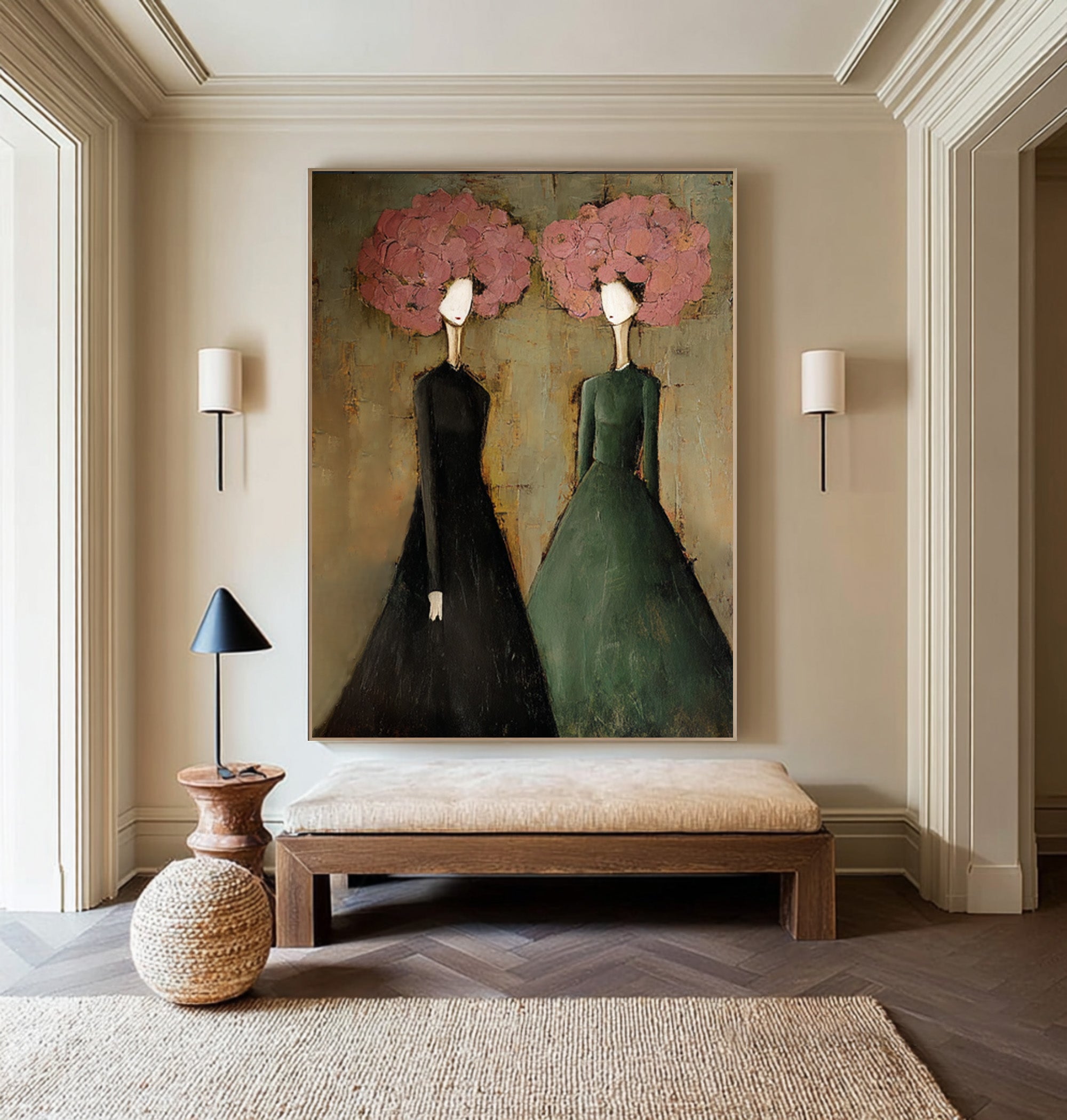 Large Modern Portrait Oil Painting on Canvas – Elegant Green Figurative Wall Art Decor #WAB 037
