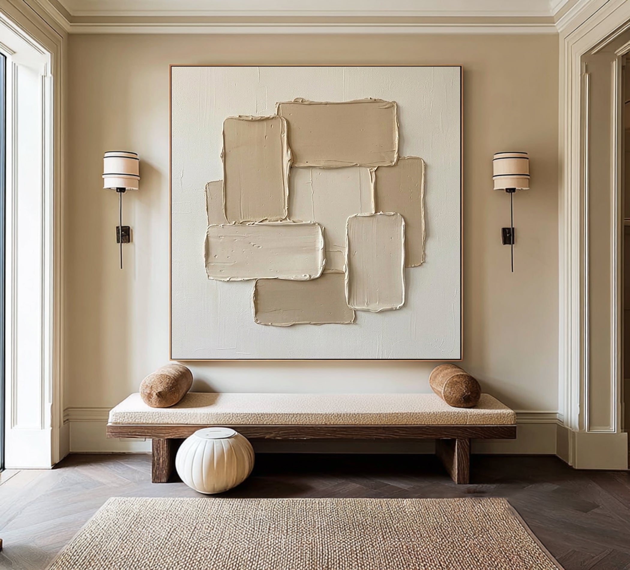 Large Neutral Geometric Oil Painting with Heavy Texture for Modern Wall Decor