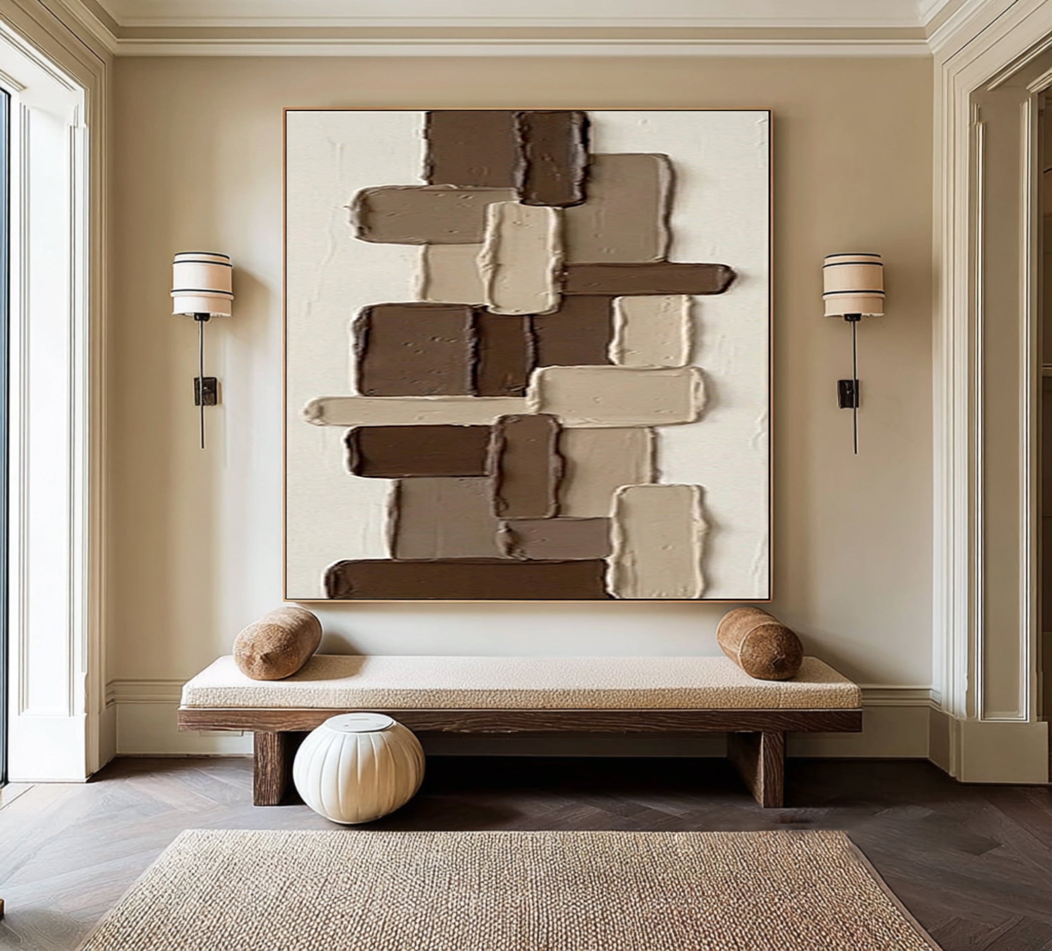 Large Brown Geometric Textured Wall Art Hand Painted Abstract Canvas