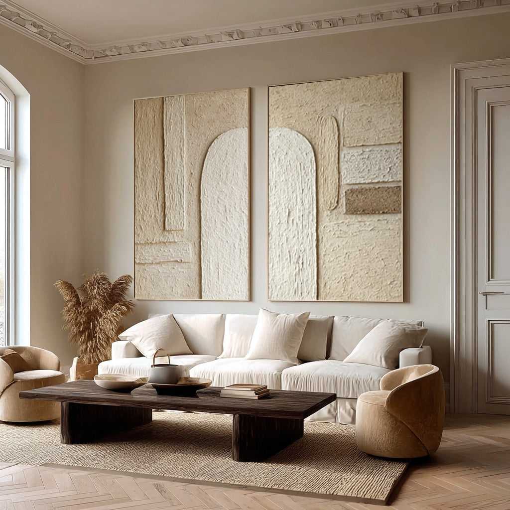 Contemporary Impasto Wall Art Diptych Neutral Tones Living #WG 040