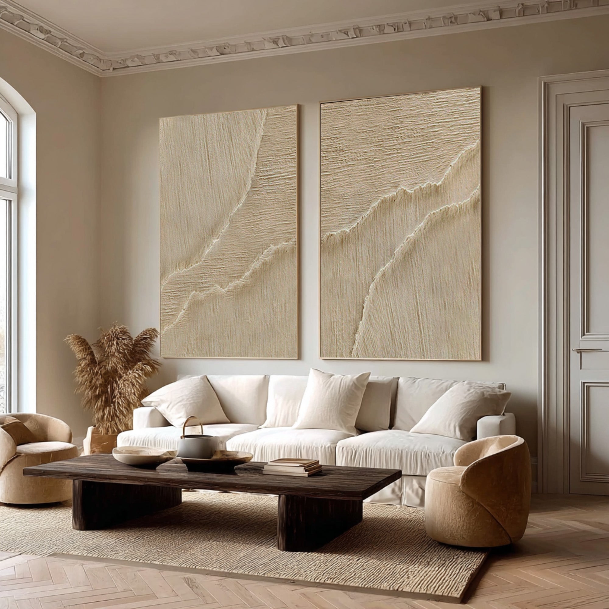 Duo Textured Abstract Art Minimalist Beige Set of Two #WG 071