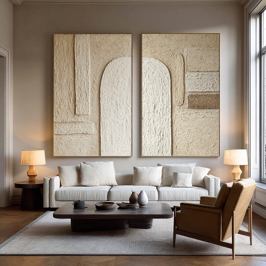 Contemporary Impasto Wall Art Diptych Neutral Tones Living #WG 040