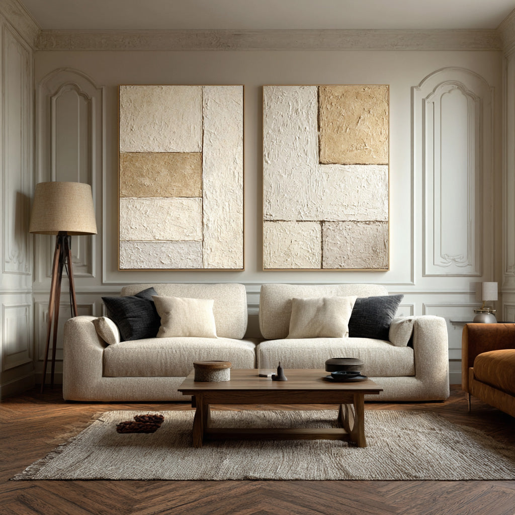Beige & Brown Abstract Diptych - Textured Modern Wall Art #WG 077