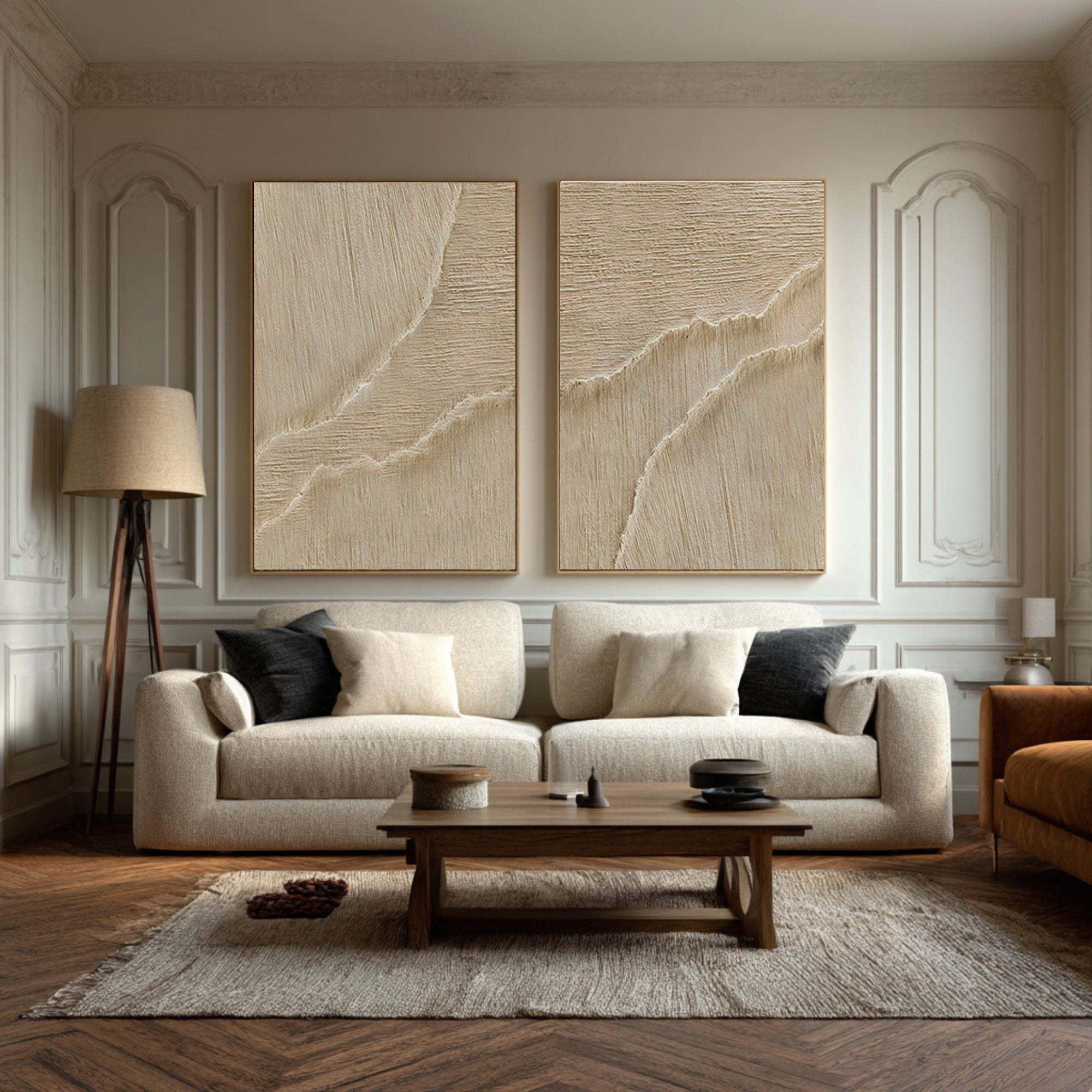Duo Textured Abstract Art Minimalist Beige Set of Two #WG 071