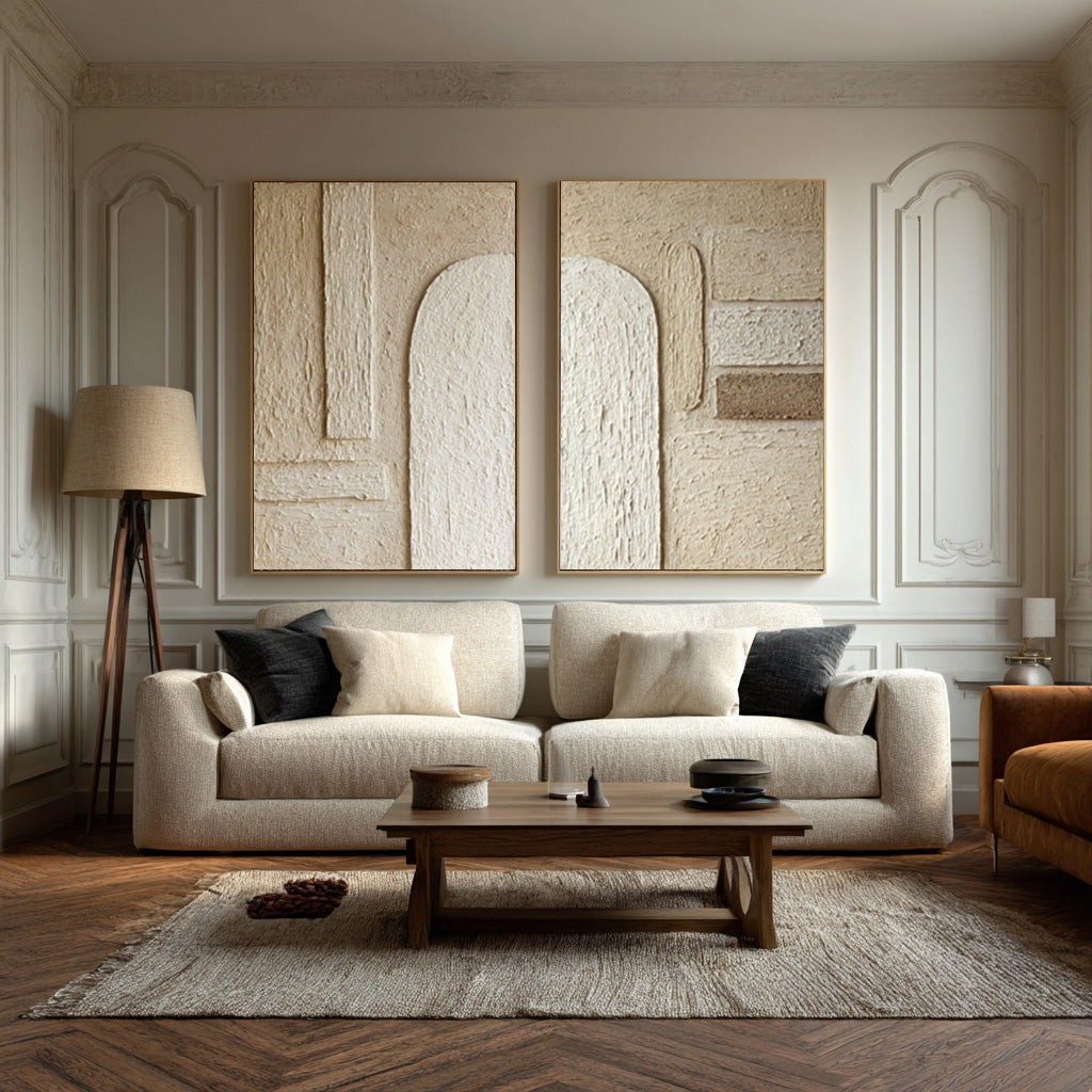 Contemporary Impasto Wall Art Diptych Neutral Tones Living #WG 040