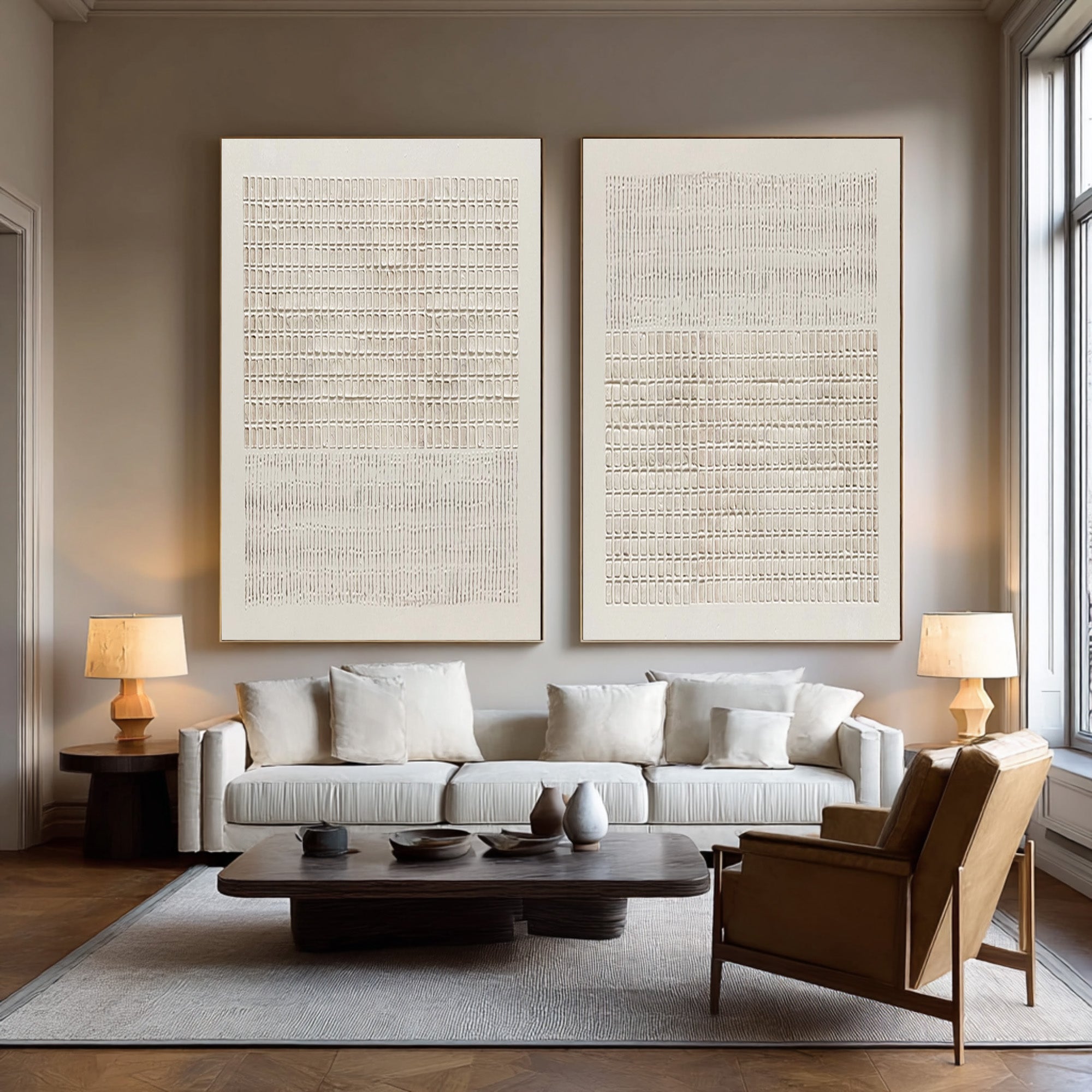 Large Contemporary Abstract Oil Painting Pair, Beige Grid Textured Art for Interior | ArtvistaGallery #WAB 020